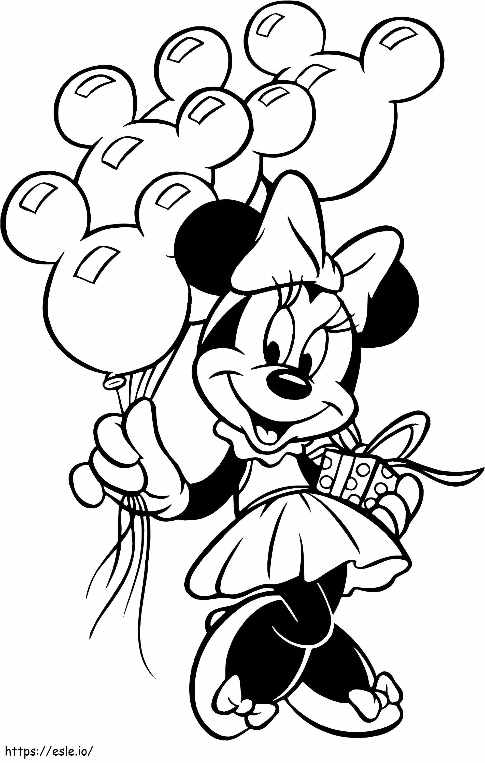 Minnie Mouse con caja de regalo y globos en Navidad para colorear