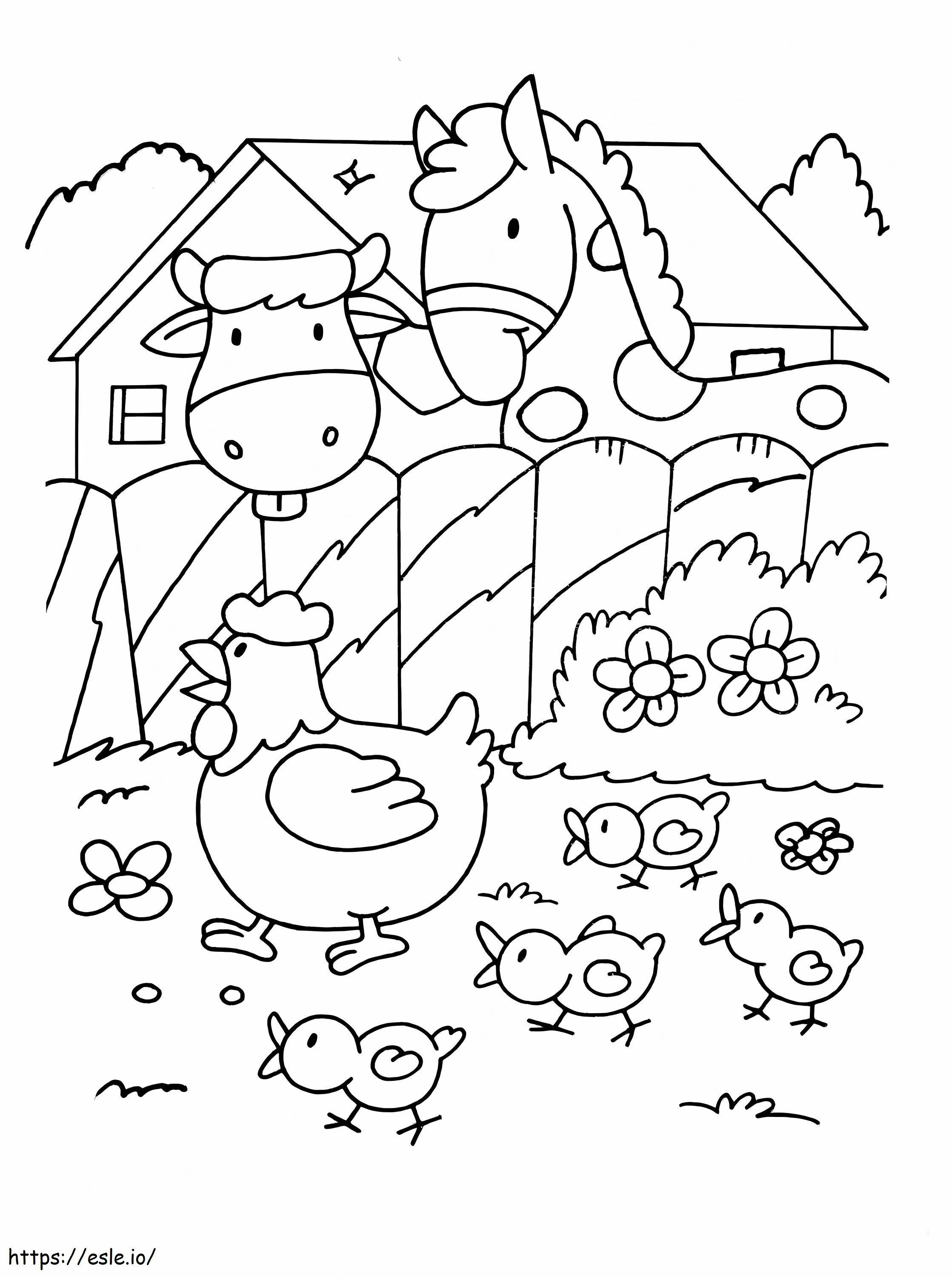 Chicken Horse And Cow On The Farm coloring page