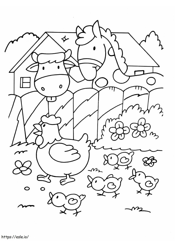Chicken Horse And Cow On The Farm coloring page