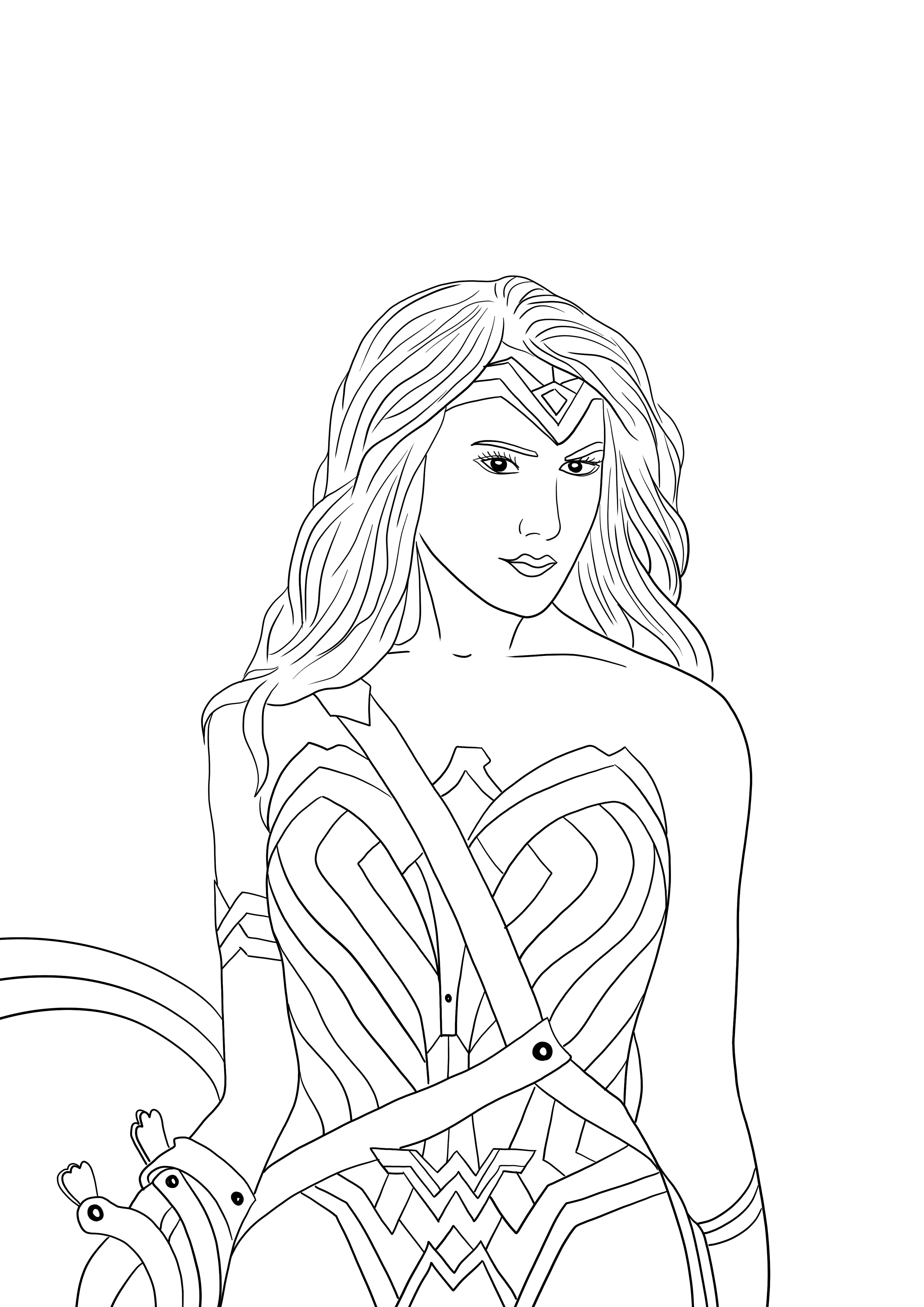 Wonder Woman en haar schild om gratis te downloaden of af te drukken kleurplaat