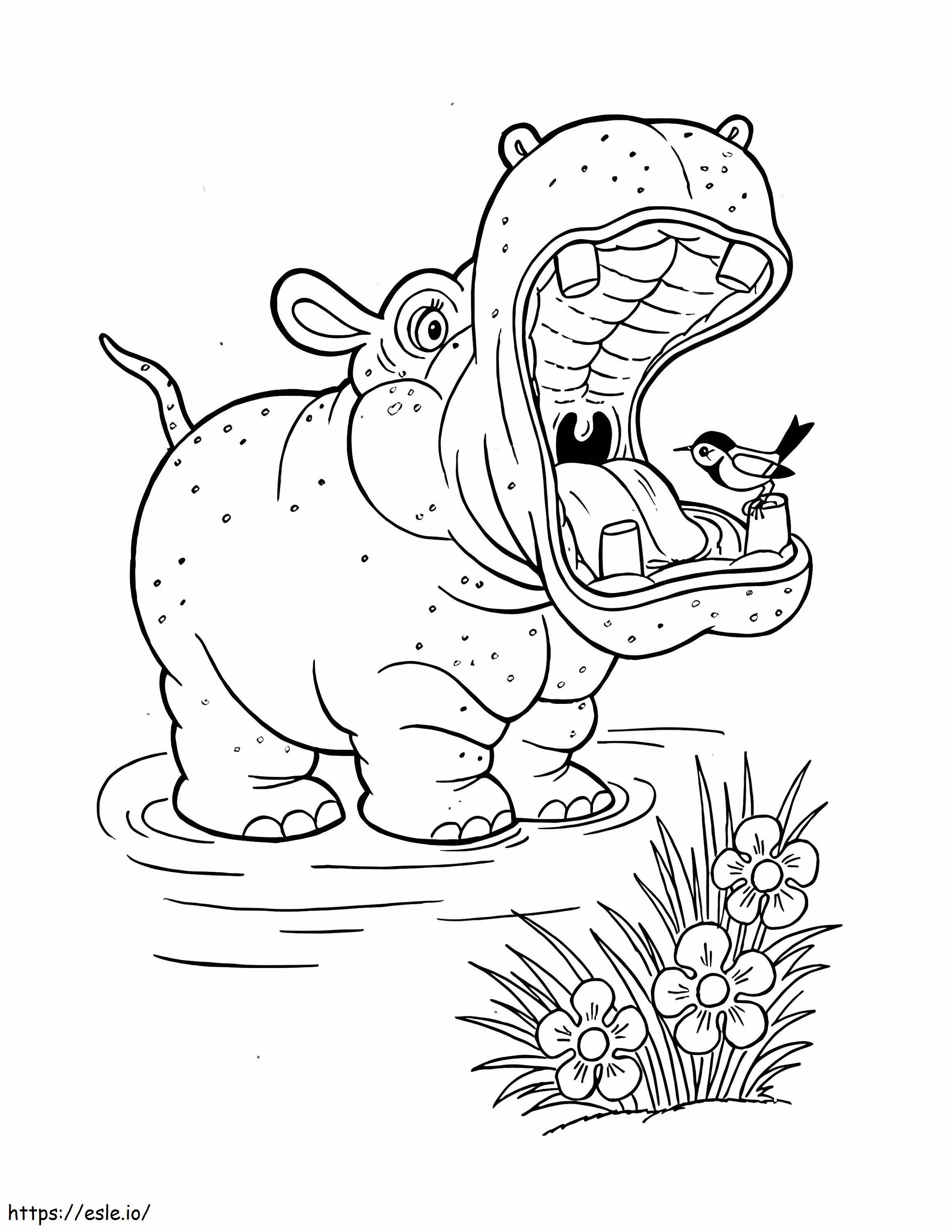 Pájaro posado en la boca del hipopótamo para colorear