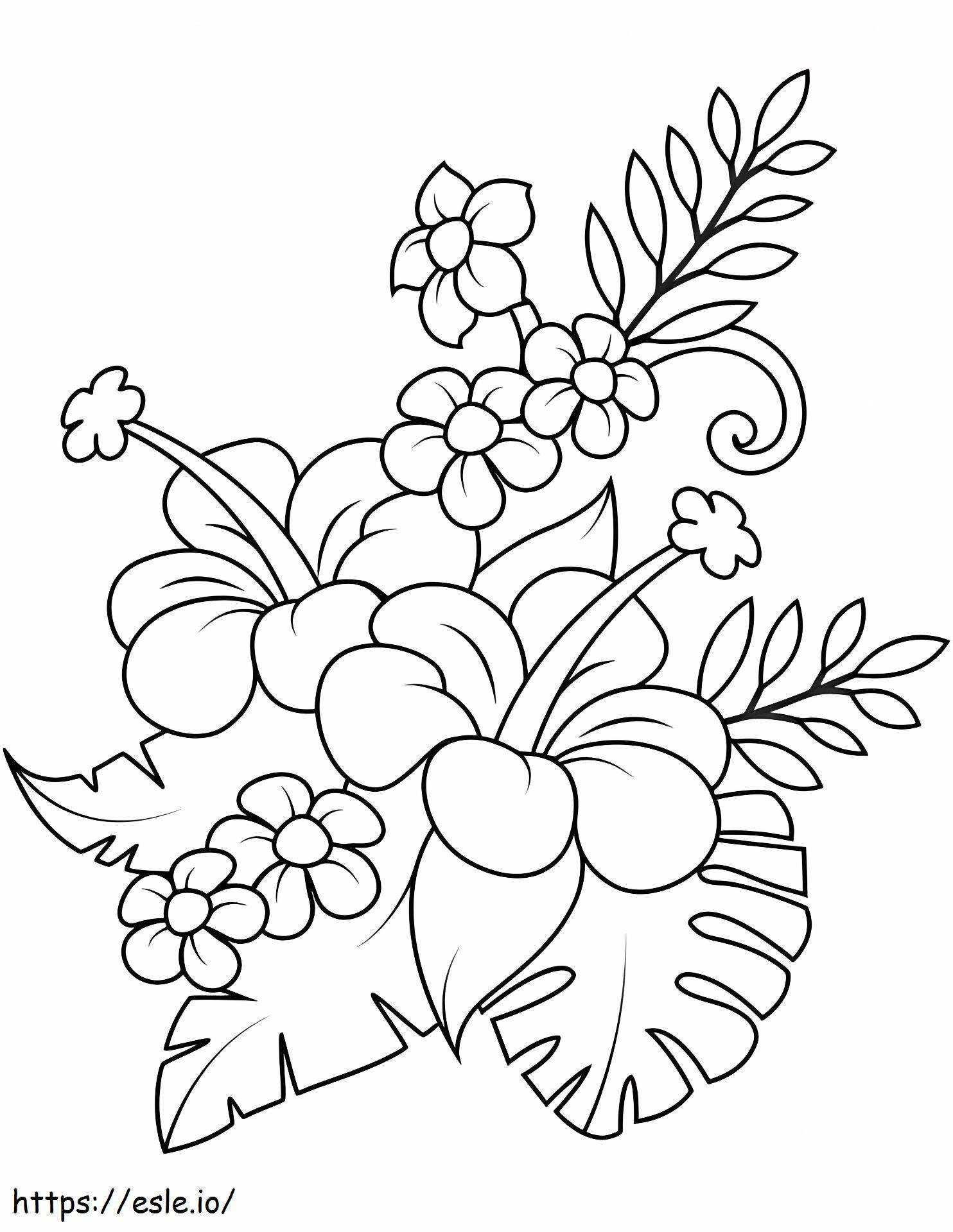 1527063860_ハイビスカスとモンステラの葉の花束 ぬりえ - 塗り絵