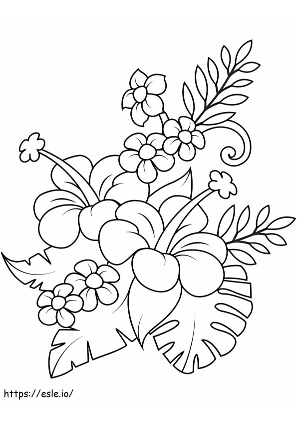 1527063860_Kukkakimppu Hibiscus- ja Monstera-lehdillä värityskuva