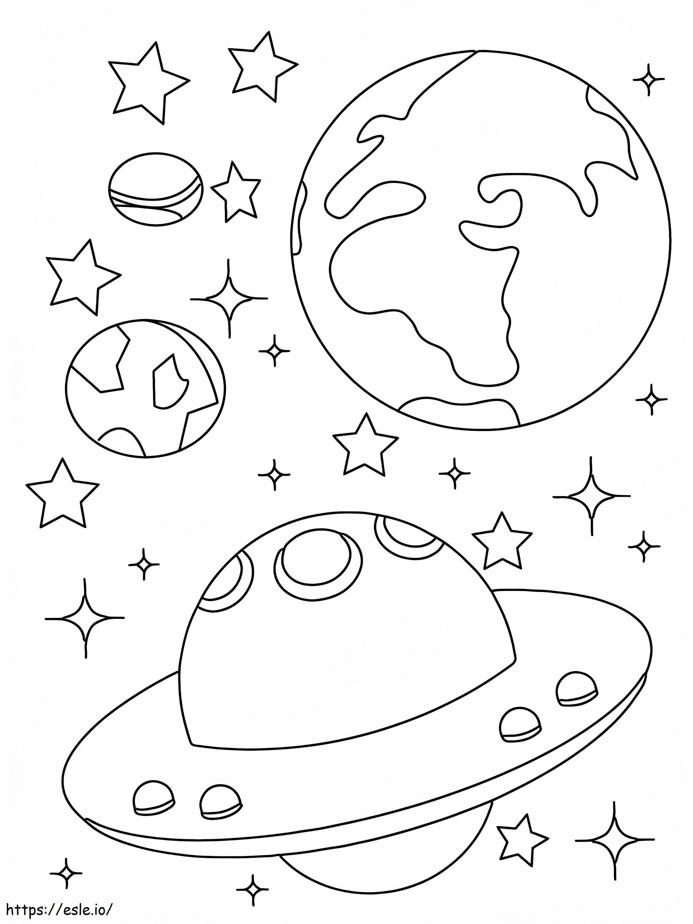 Estrelas, planetas e nave espacial no espaço para colorir