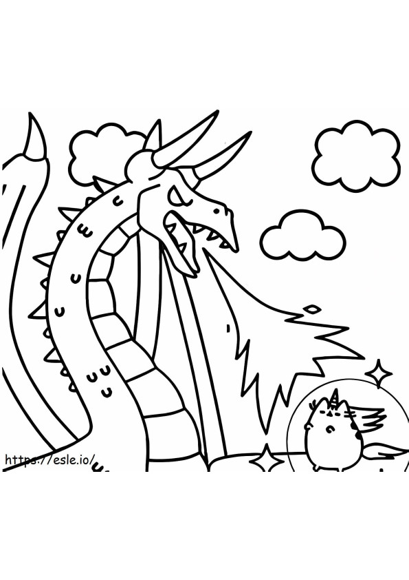 Coloriage Pusheen Licorne contre Dragon à imprimer dessin