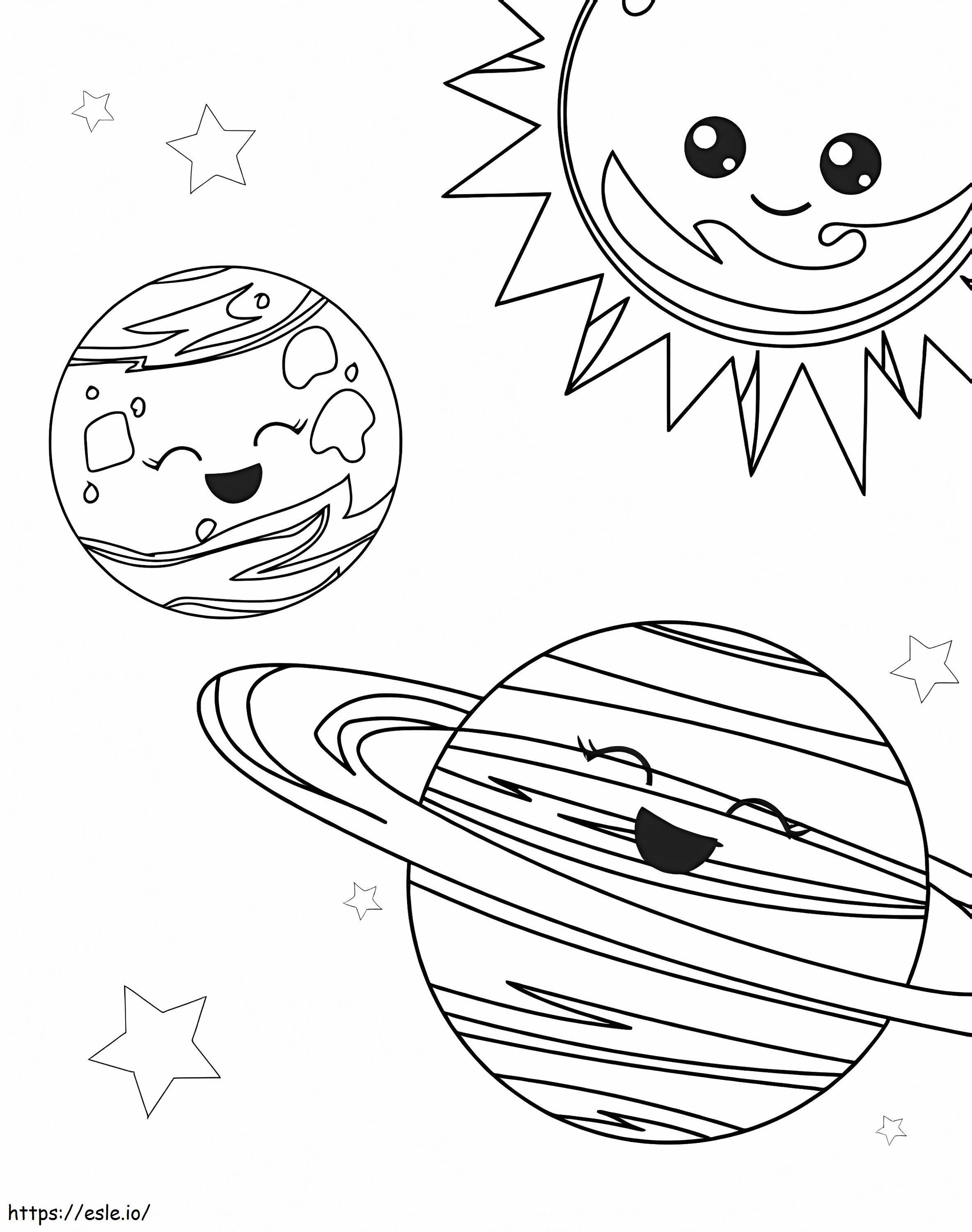 Tres divertidos planetas en el espacio para colorear