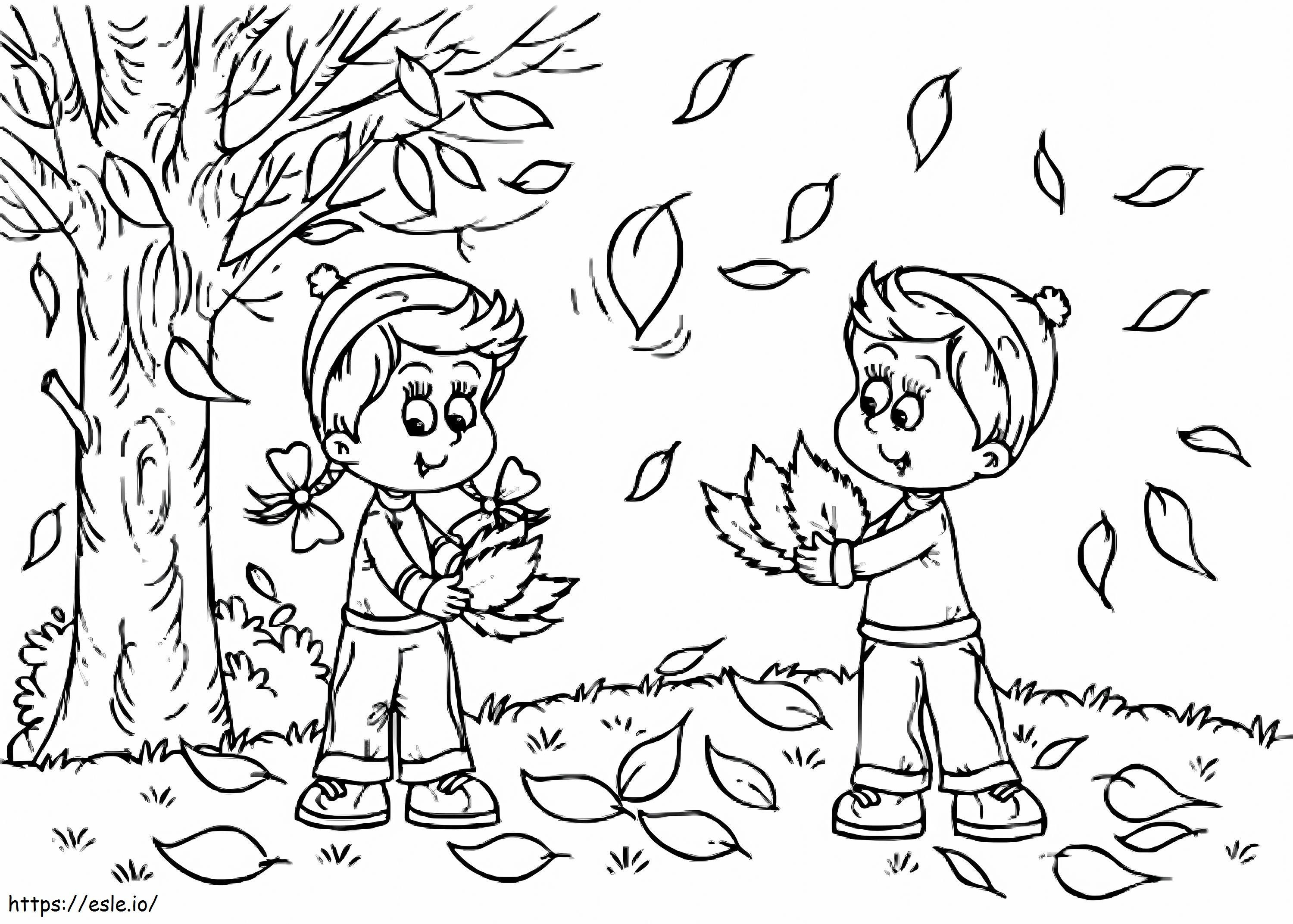 Due bambini con foglie in autunno da colorare