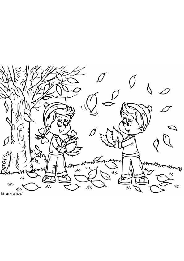 秋の葉を持つ二人の子供 ぬりえ - 塗り絵