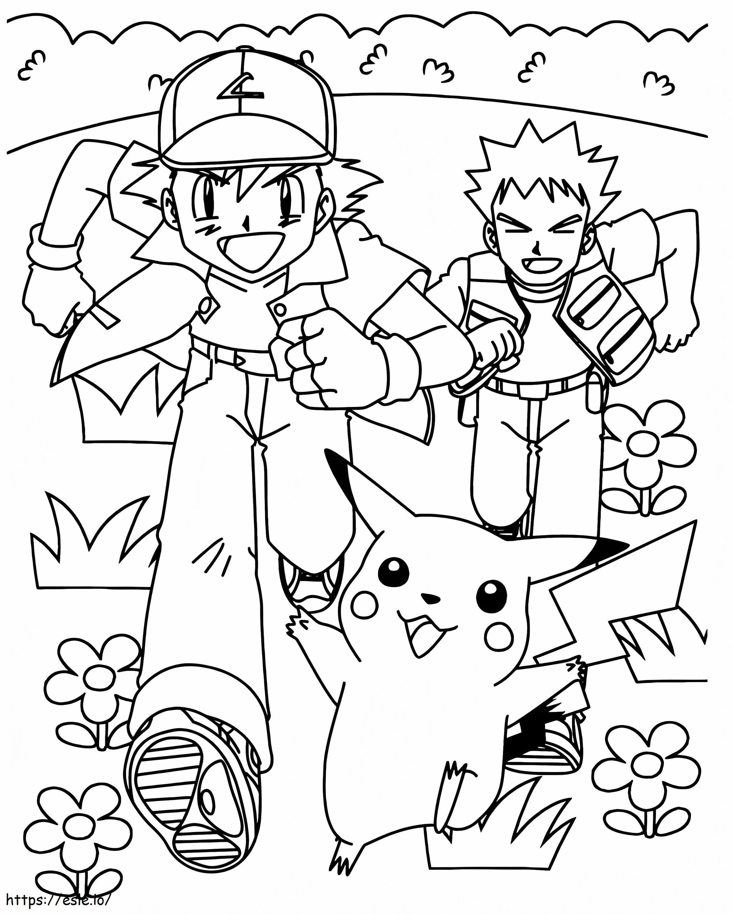 Ash Ketchum Brock e Pikachu correndo para colorir