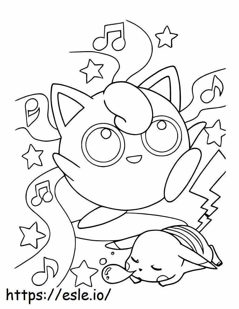 Coloriage Jigglypuff chante et Pikachu dort à imprimer dessin
