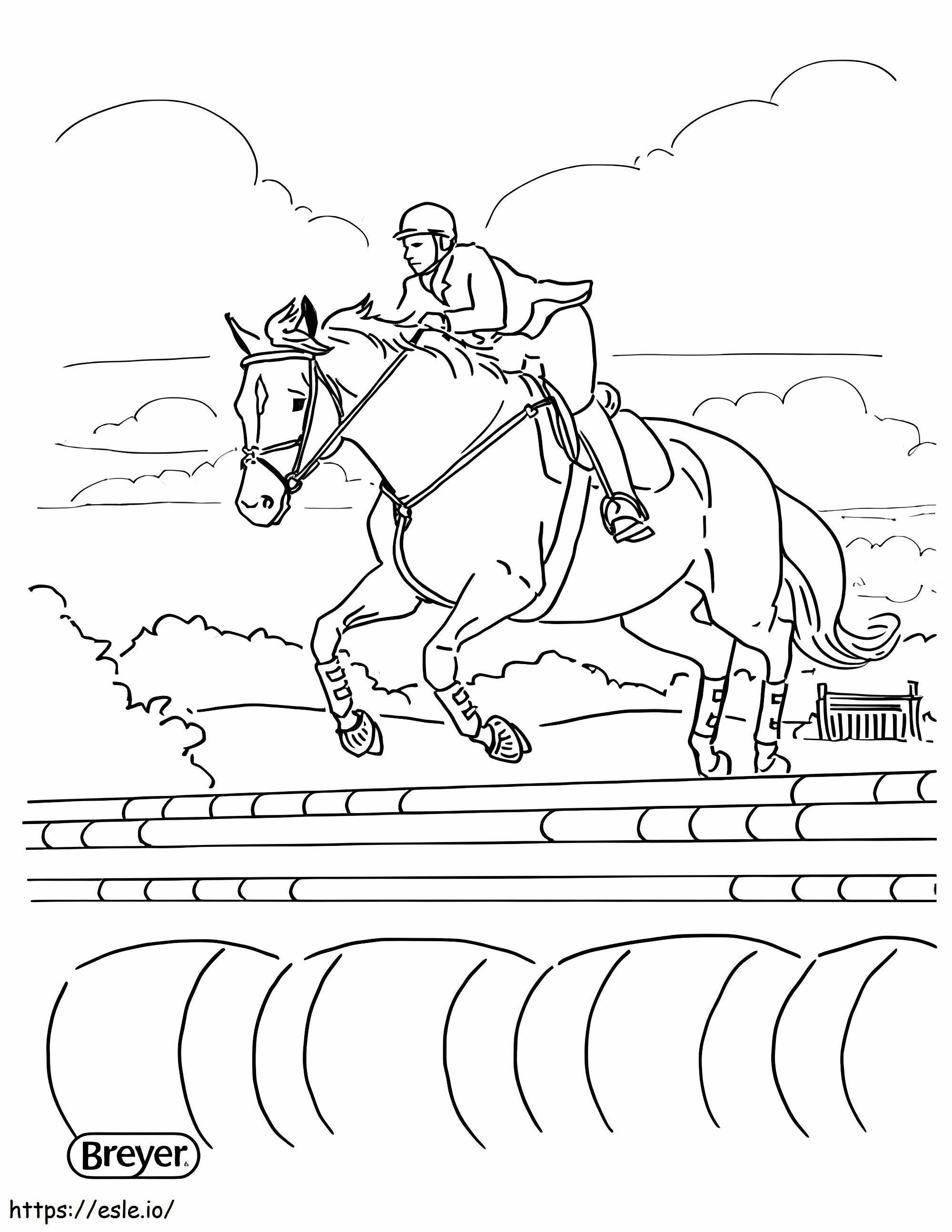 Ratsastusurheilija istuu hevosen selässä värityskuva