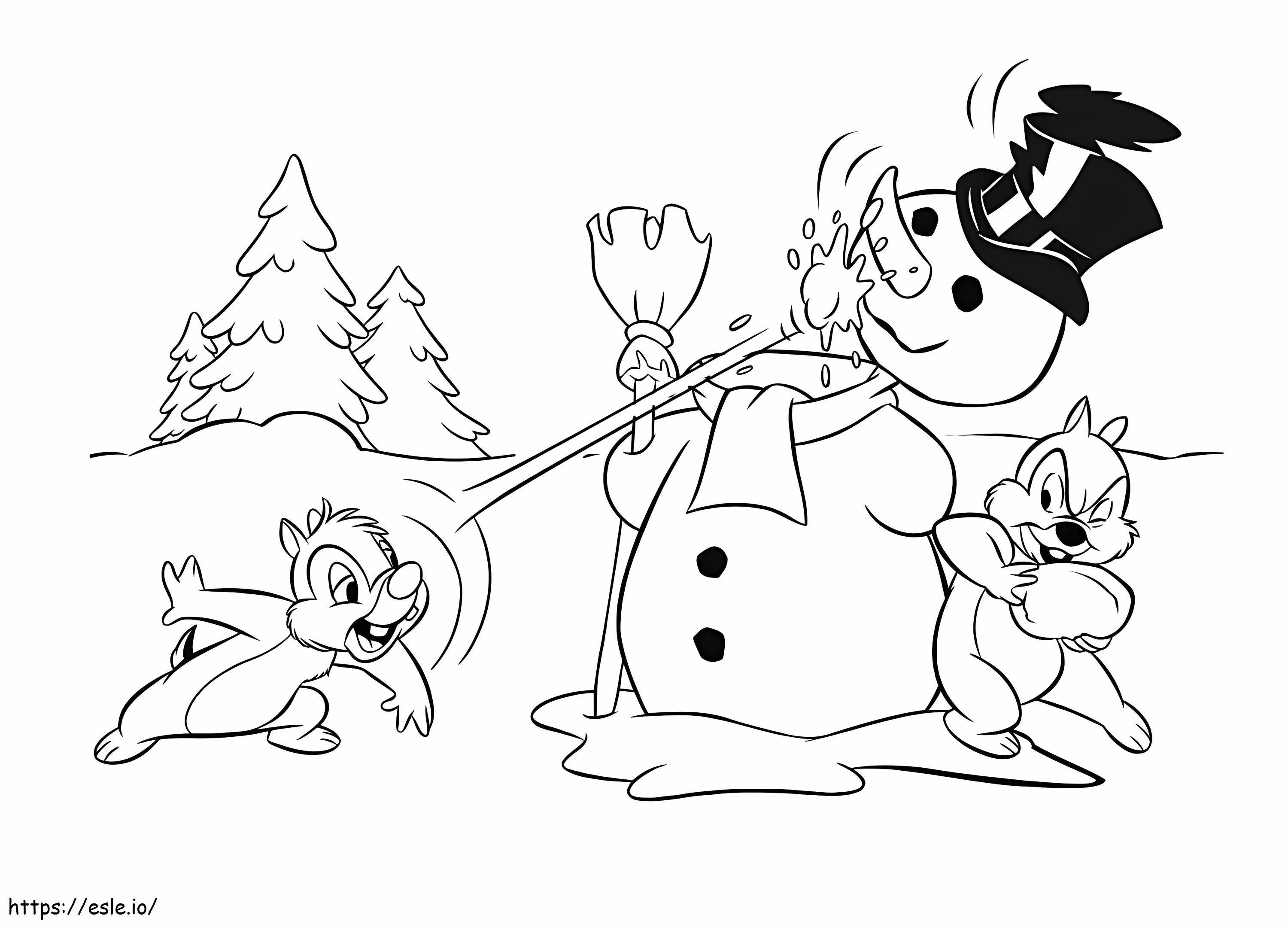 Chip e Dale com boneco de neve para colorir