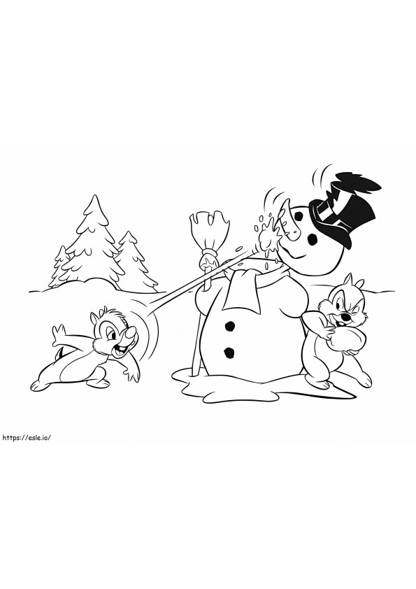 Coloriage Chip et Dale avec bonhomme de neige à imprimer dessin