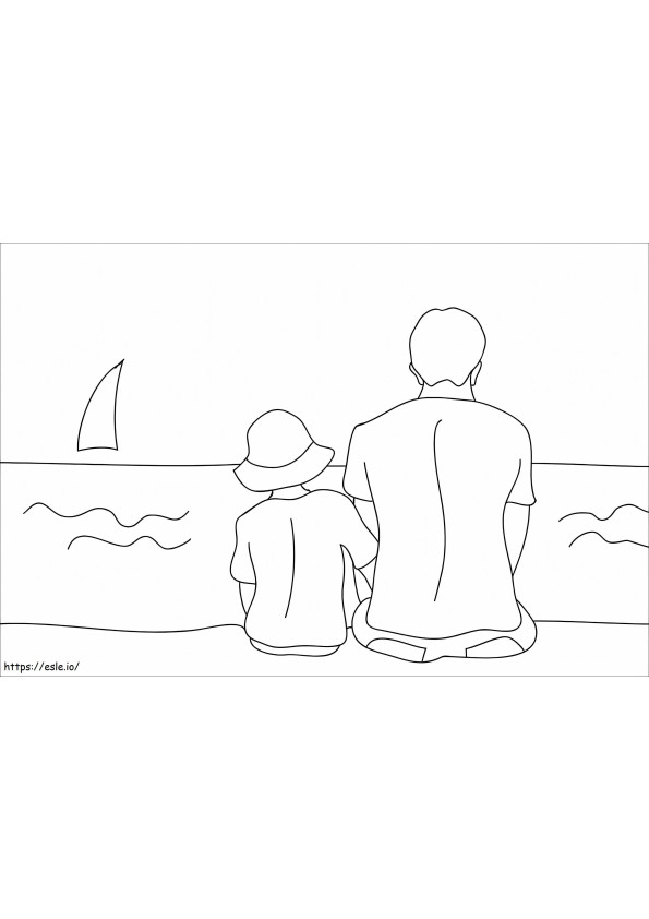 Pai e filho sentados na praia para colorir