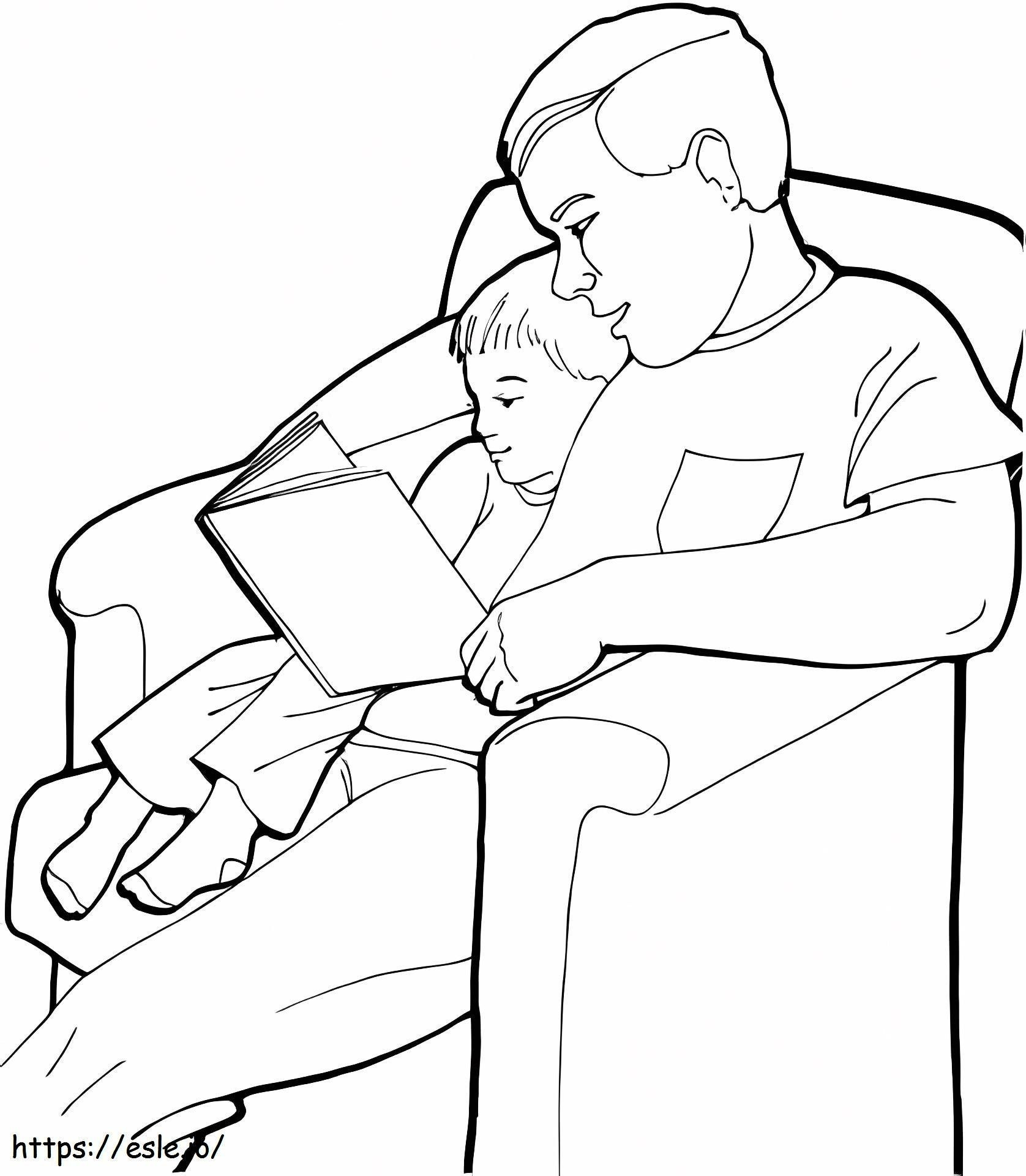 Isä ja poika lukevat kirjaa värityskuva