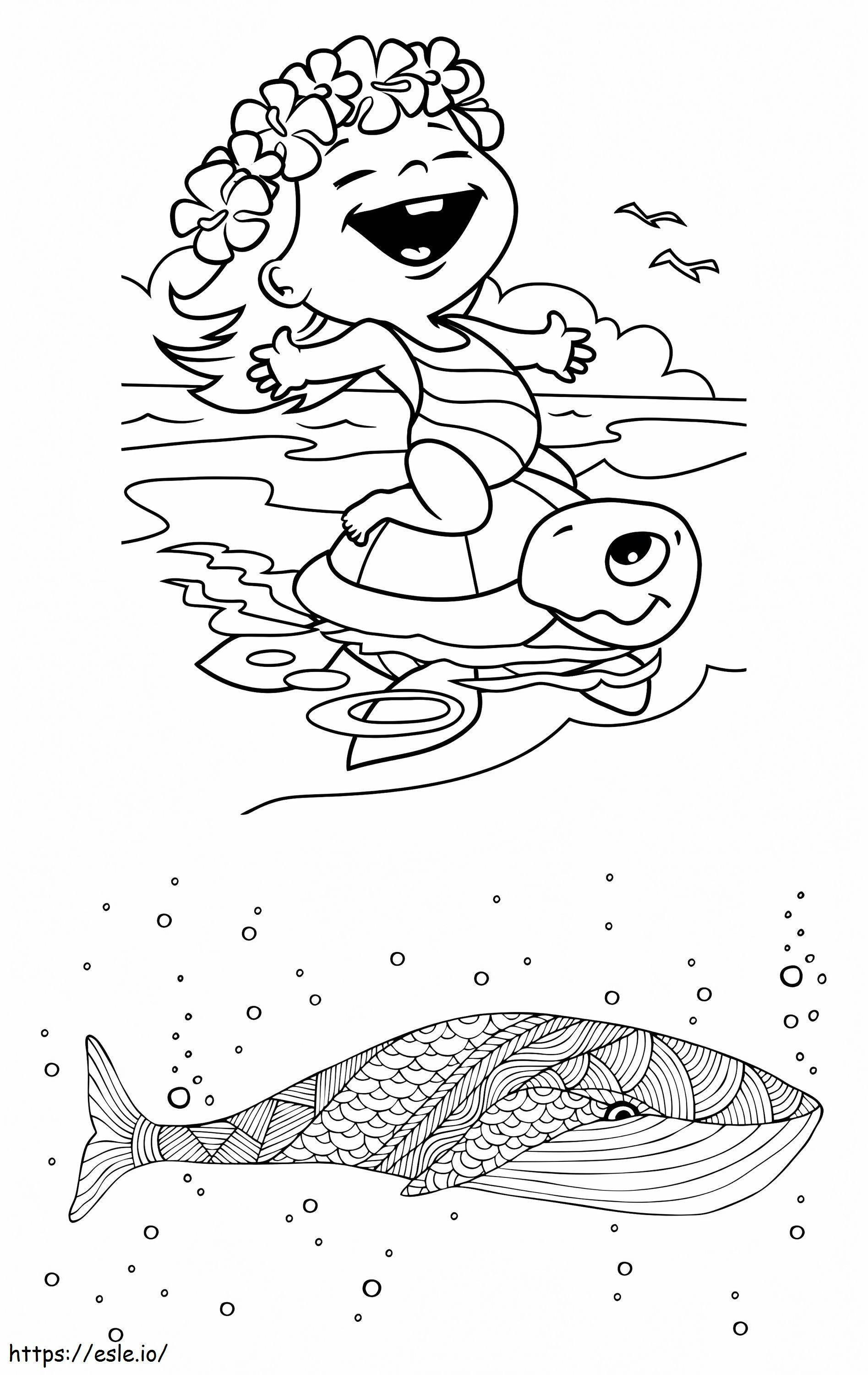 Coloriage Fille en tortue sur un phoque à imprimer dessin