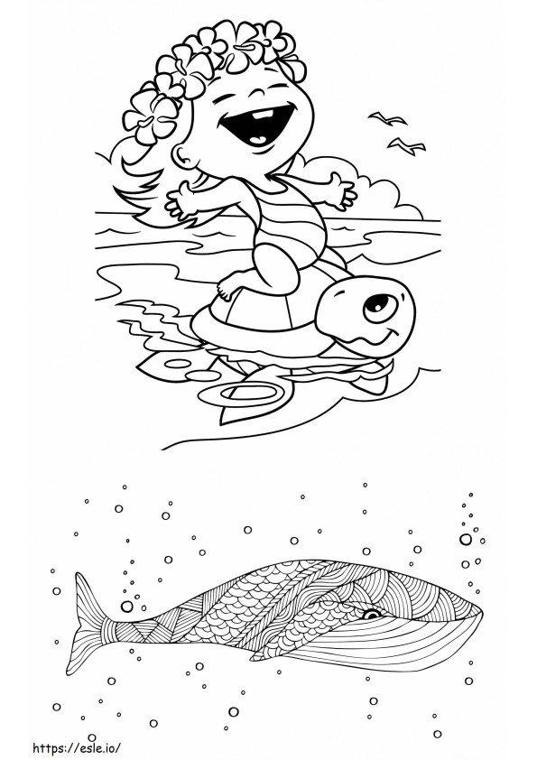 Coloriage Fille en tortue sur un phoque à imprimer dessin