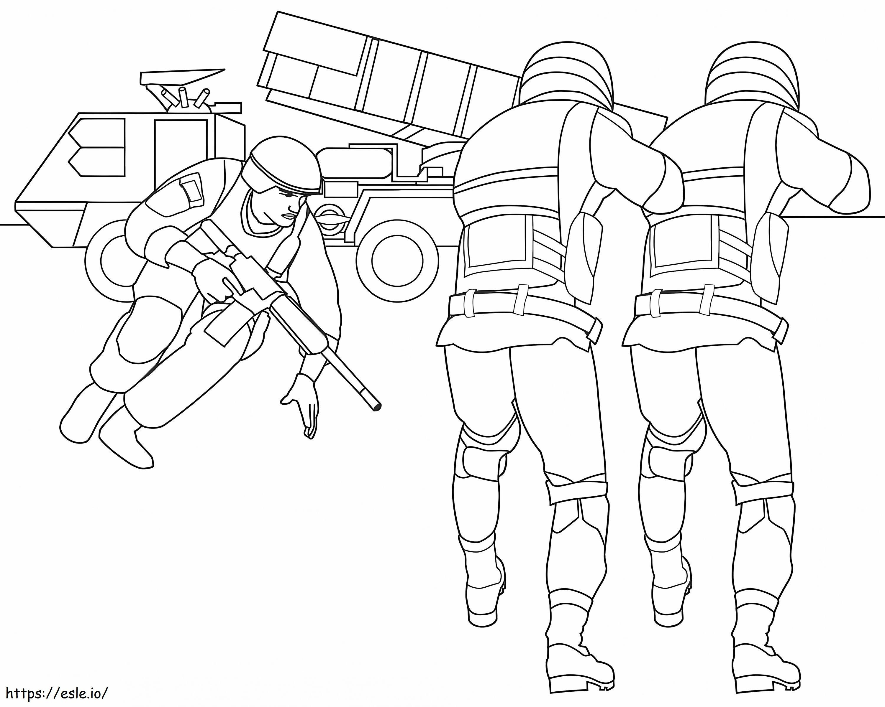 Coloriage Trois soldats avec voiture à imprimer dessin