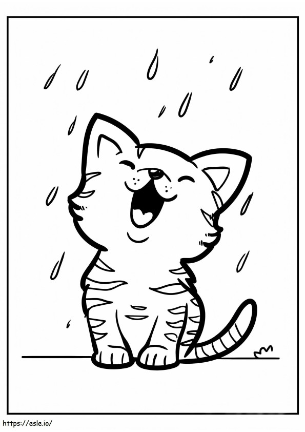 Gatito feliz bajo la lluvia para colorear