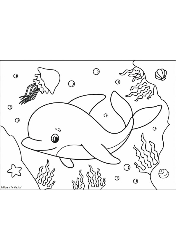 イルカと 2 つのクラゲとホタテ貝 ぬりえ - 塗り絵