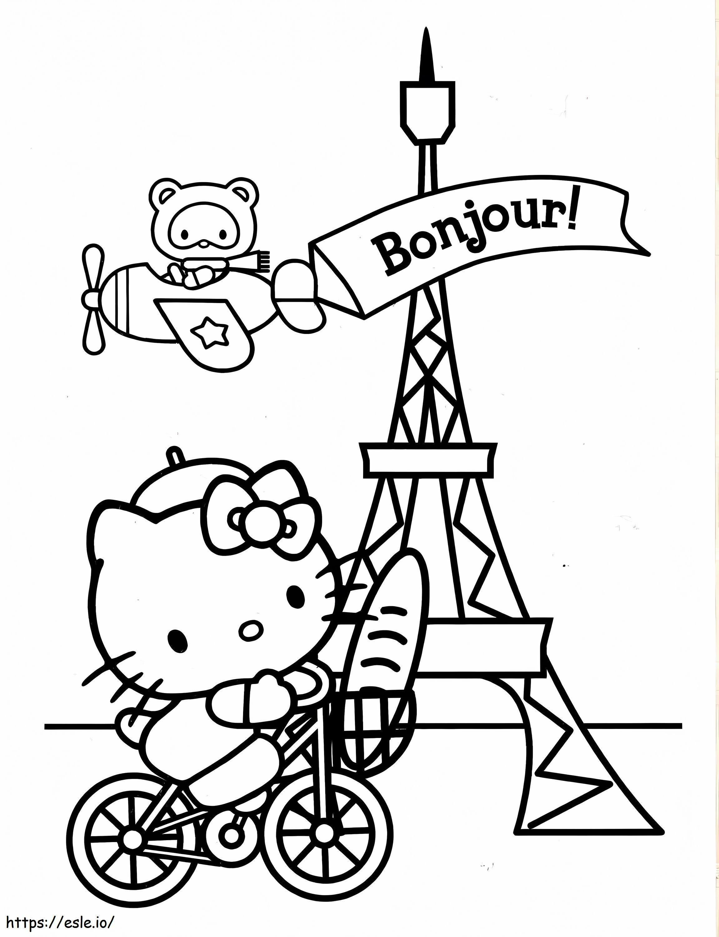 Coloriage Hello Kitty dans la ville de Paris à imprimer dessin