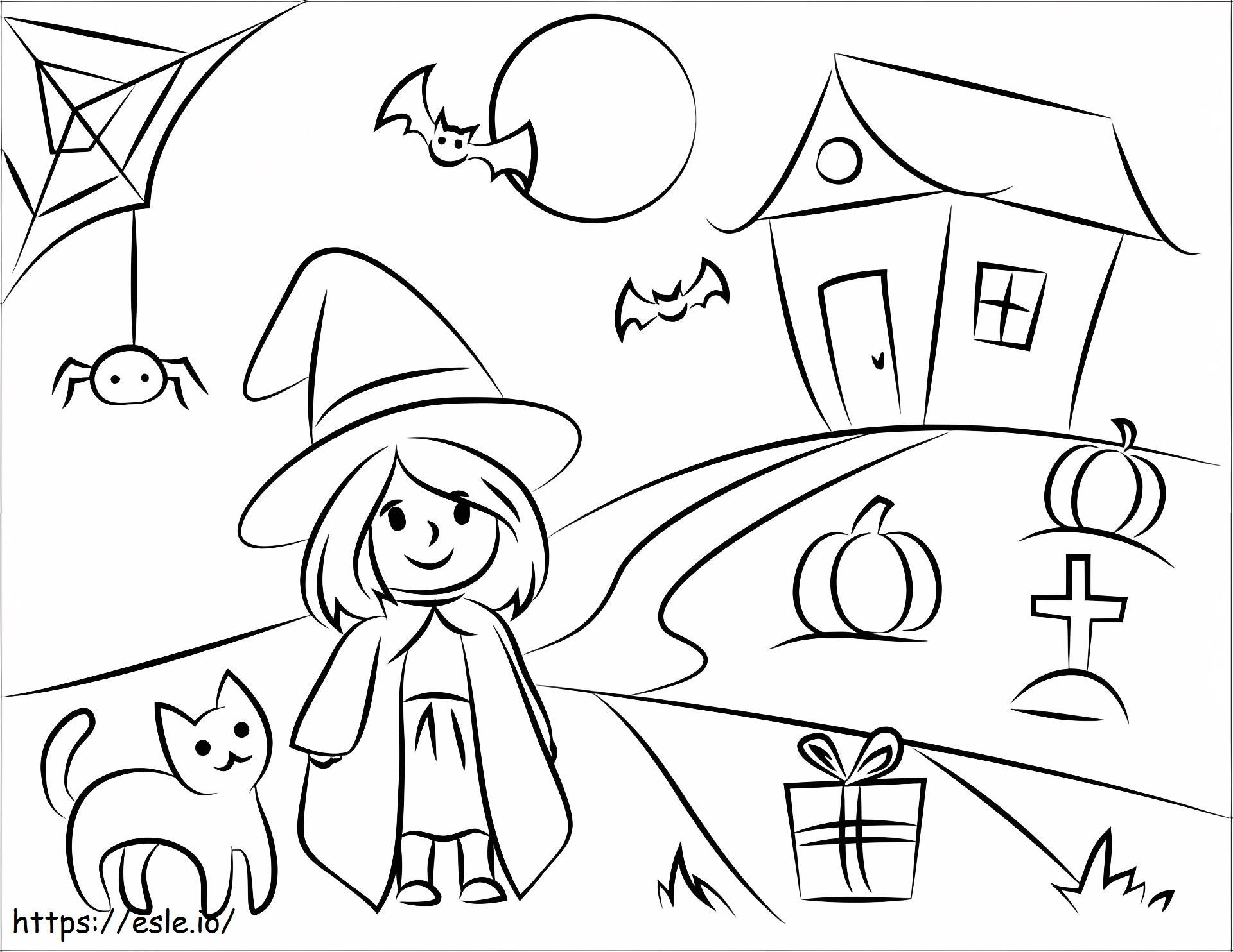 Girl And Cat On Halloween coloring page