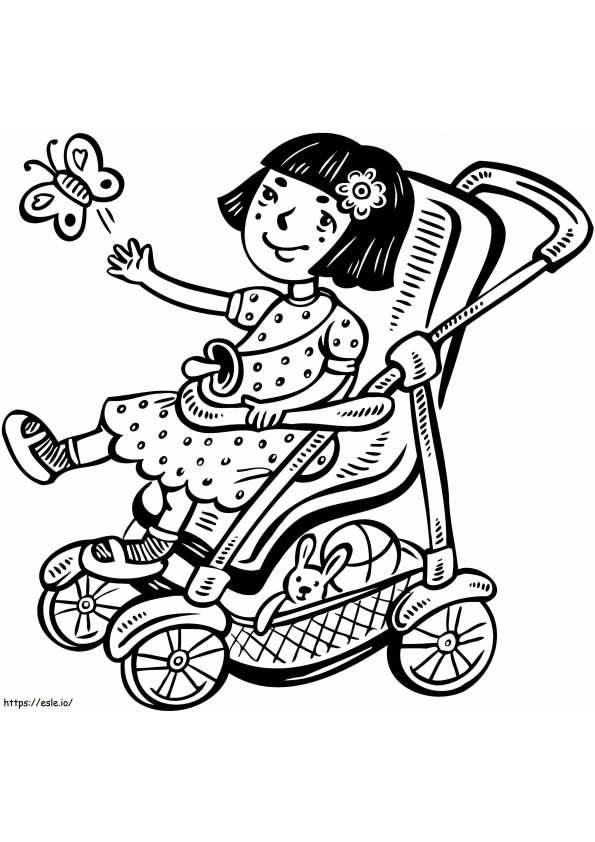 Pieni tyttö lastenvaunuissa värityssivu värityskuva