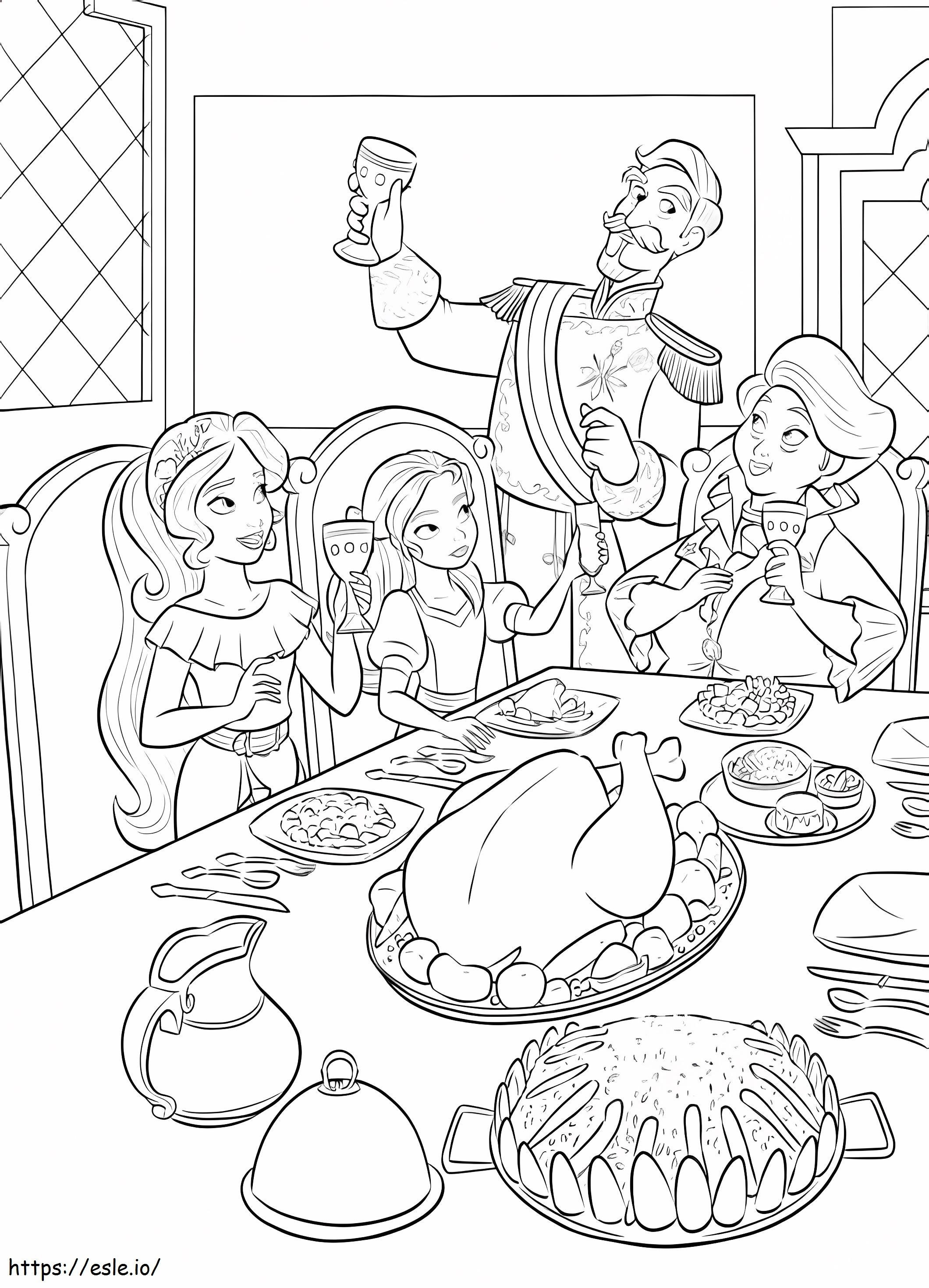 Coloriage Princesse Elena et repas en famille à imprimer dessin