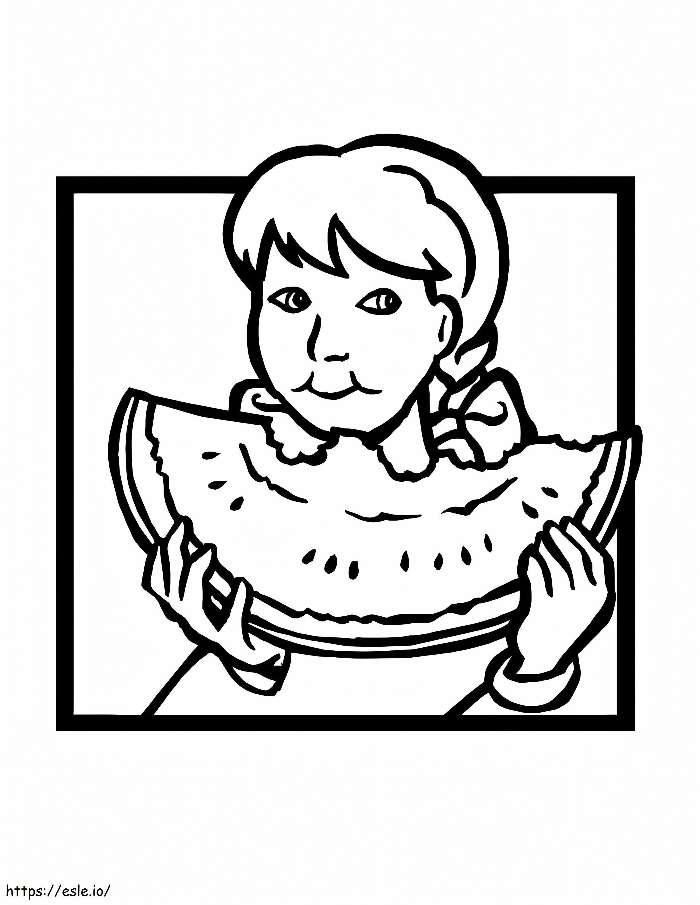Coloriage Fille mangeant de la pastèque à imprimer dessin