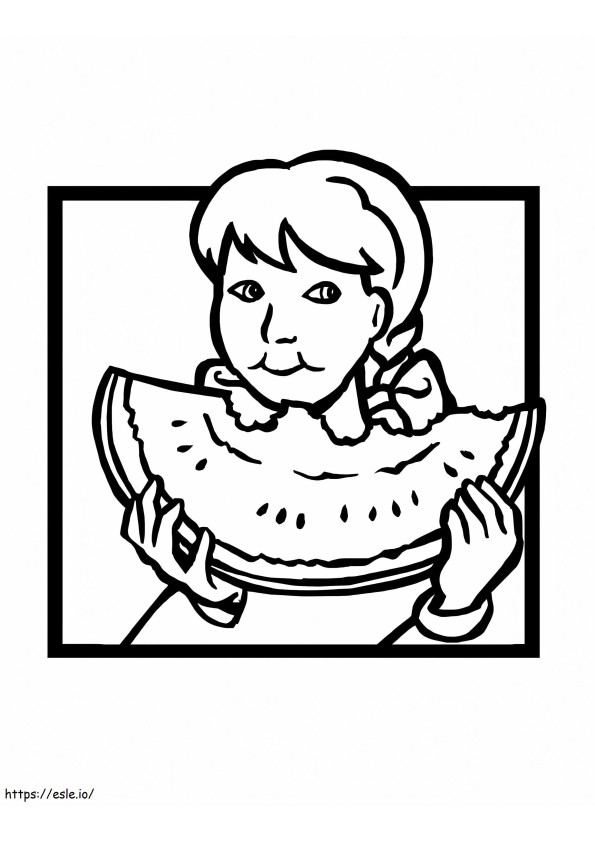 Coloriage Fille mangeant de la pastèque à imprimer dessin