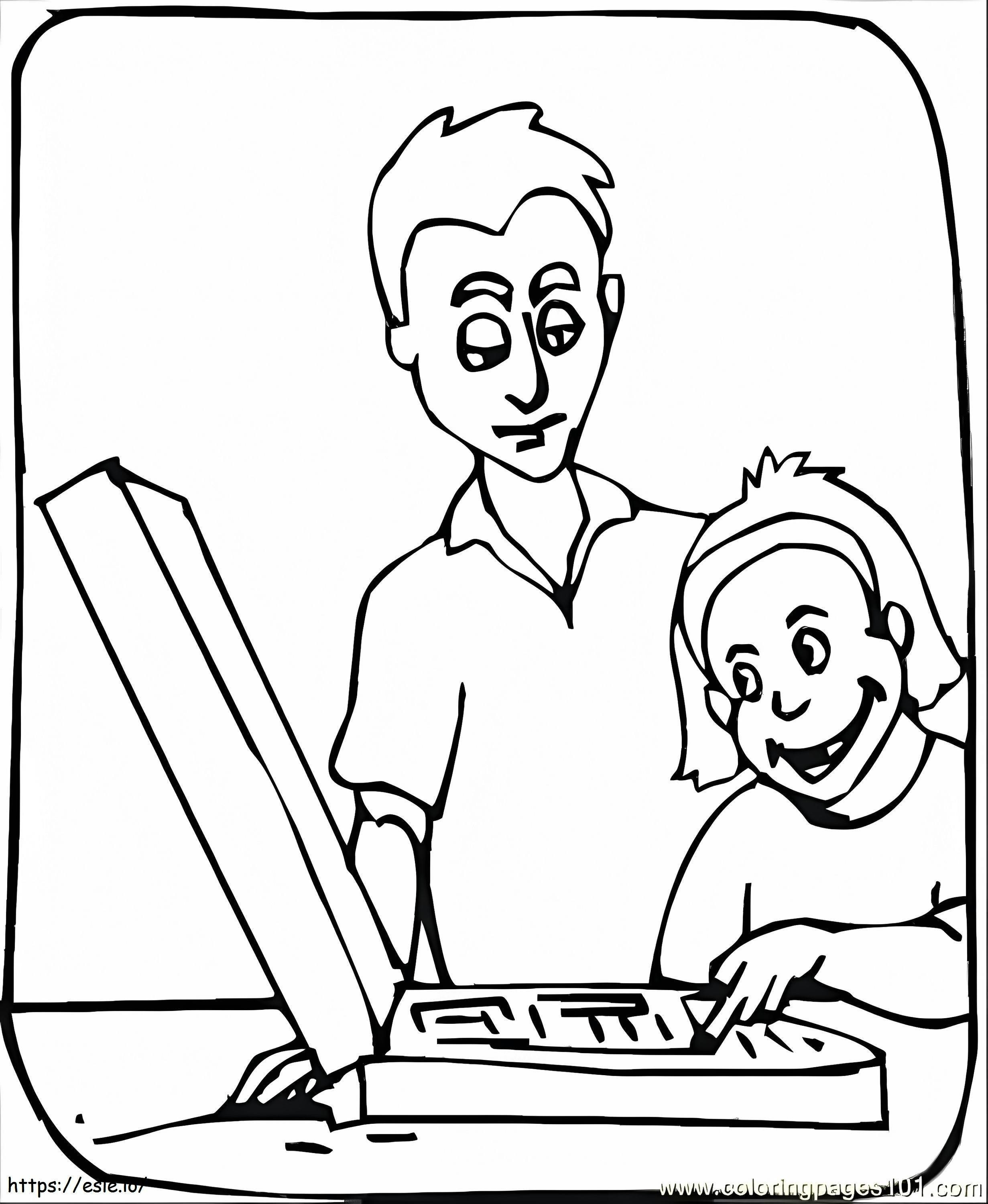 Coloriage Père apprenant à son fils comment utiliser l'ordinateur portable à imprimer dessin