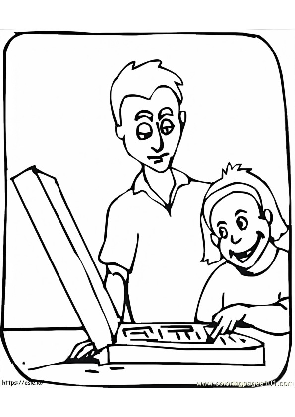 Padre che insegna a suo figlio come usare il portatile da colorare