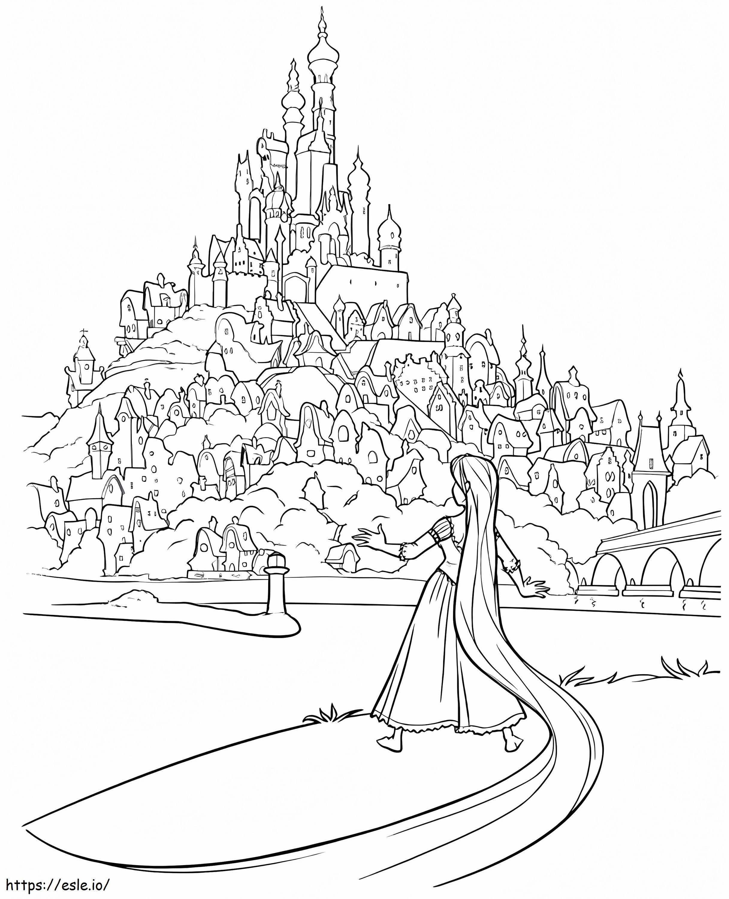 Rapunzel se paró mirando el reino para colorear