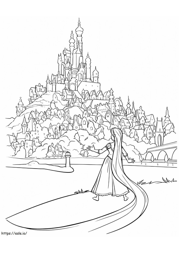 Rapunzel ficou olhando para o reino para colorir