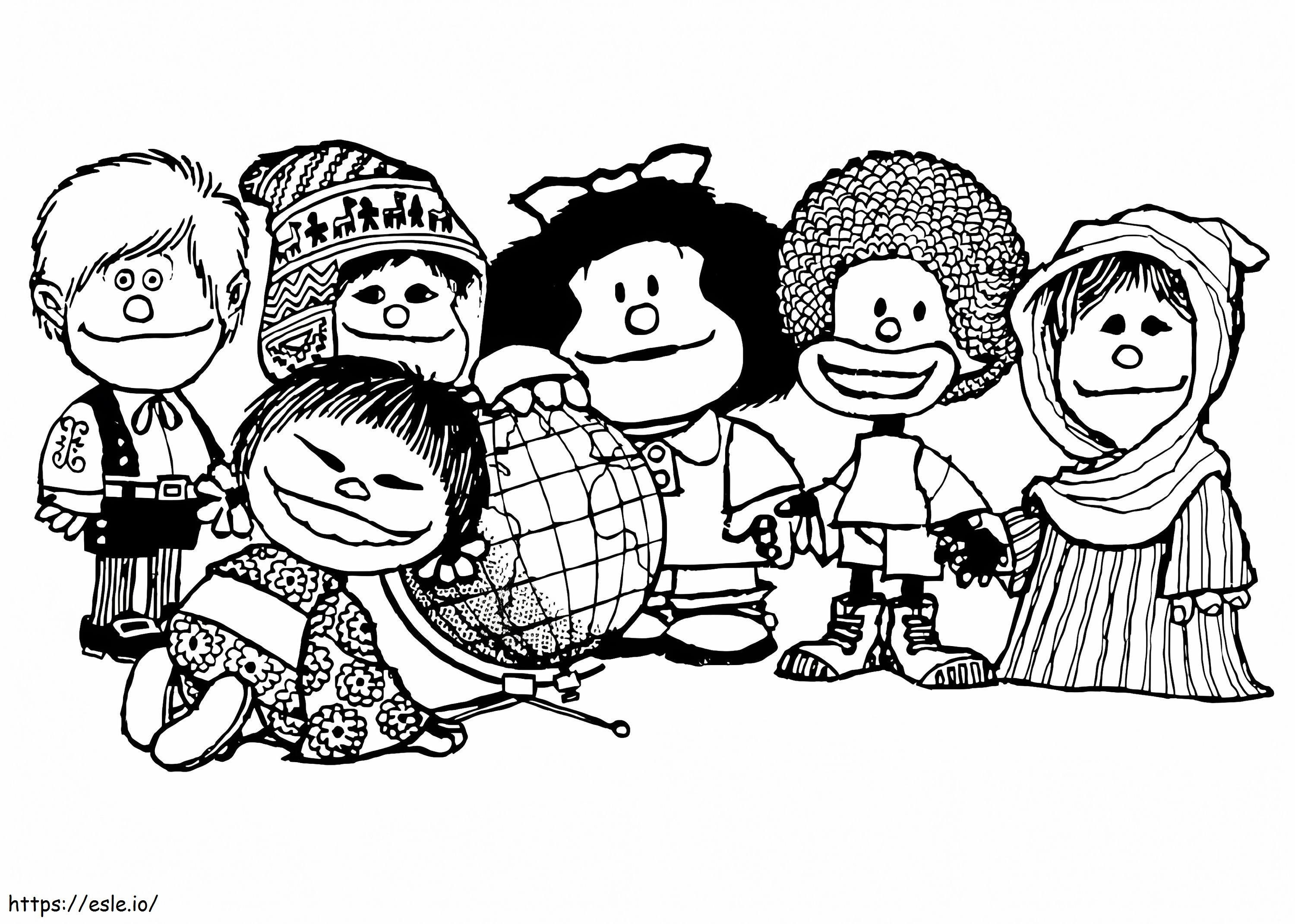 Mafalda z przyjaciółmi kolorowanka
