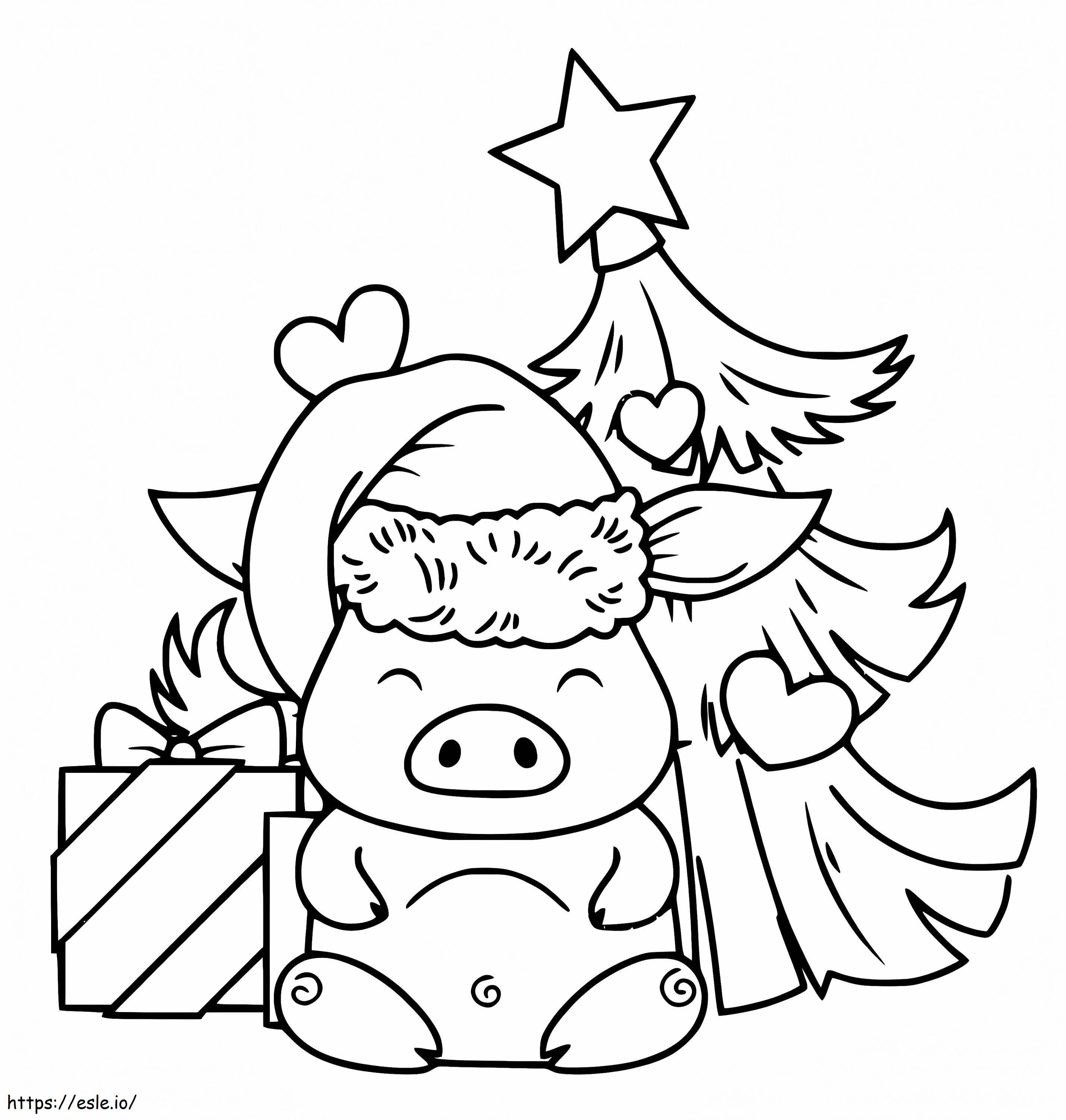 Porc drăguț și brad de Crăciun de colorat