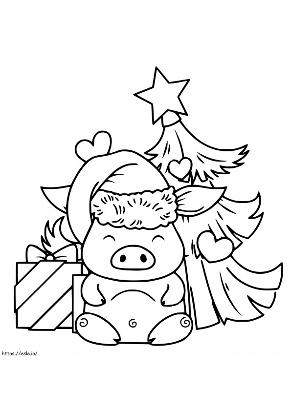 Lindo cerdo y árbol de Navidad para colorear