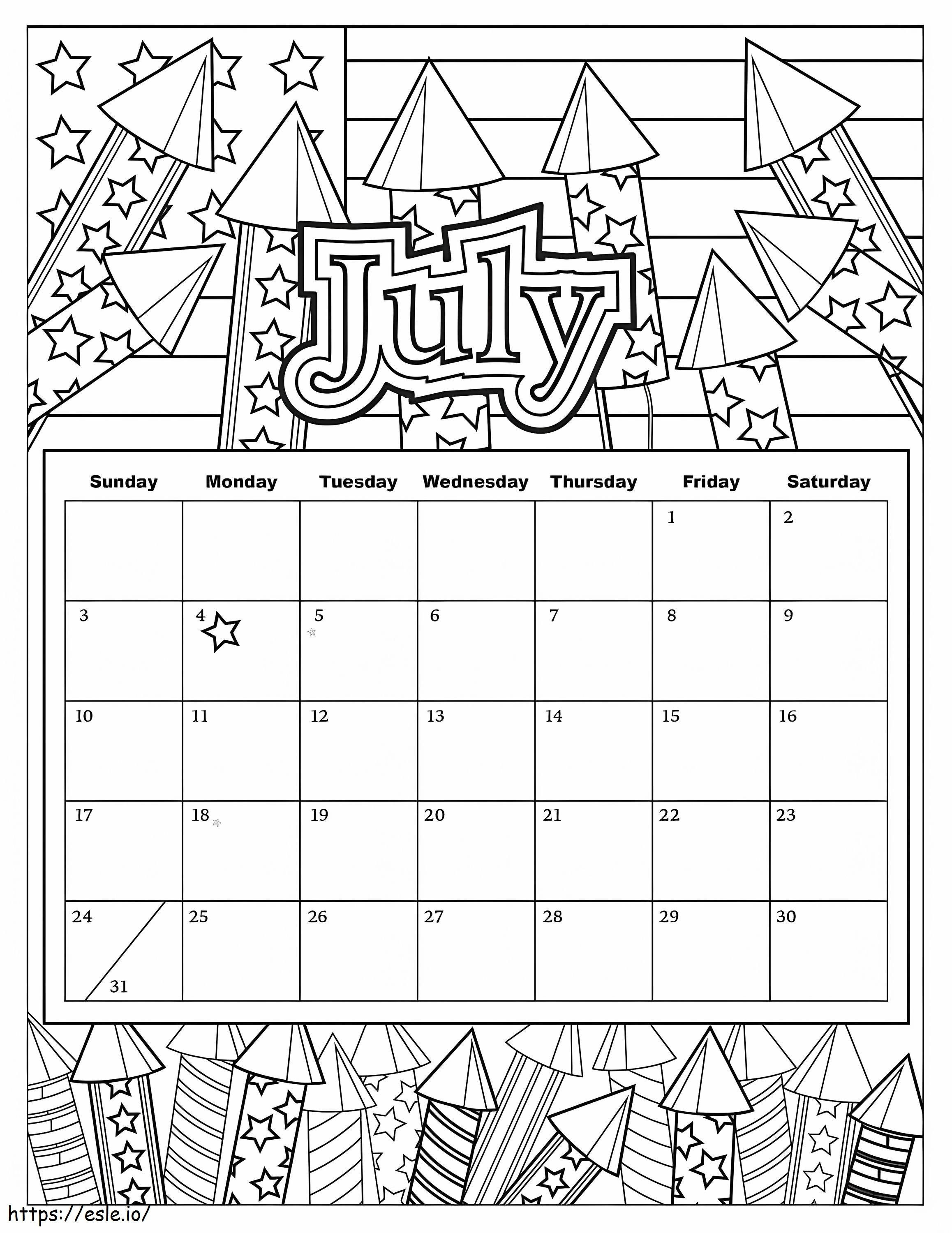 Calendário de julho de 2019 para colorir