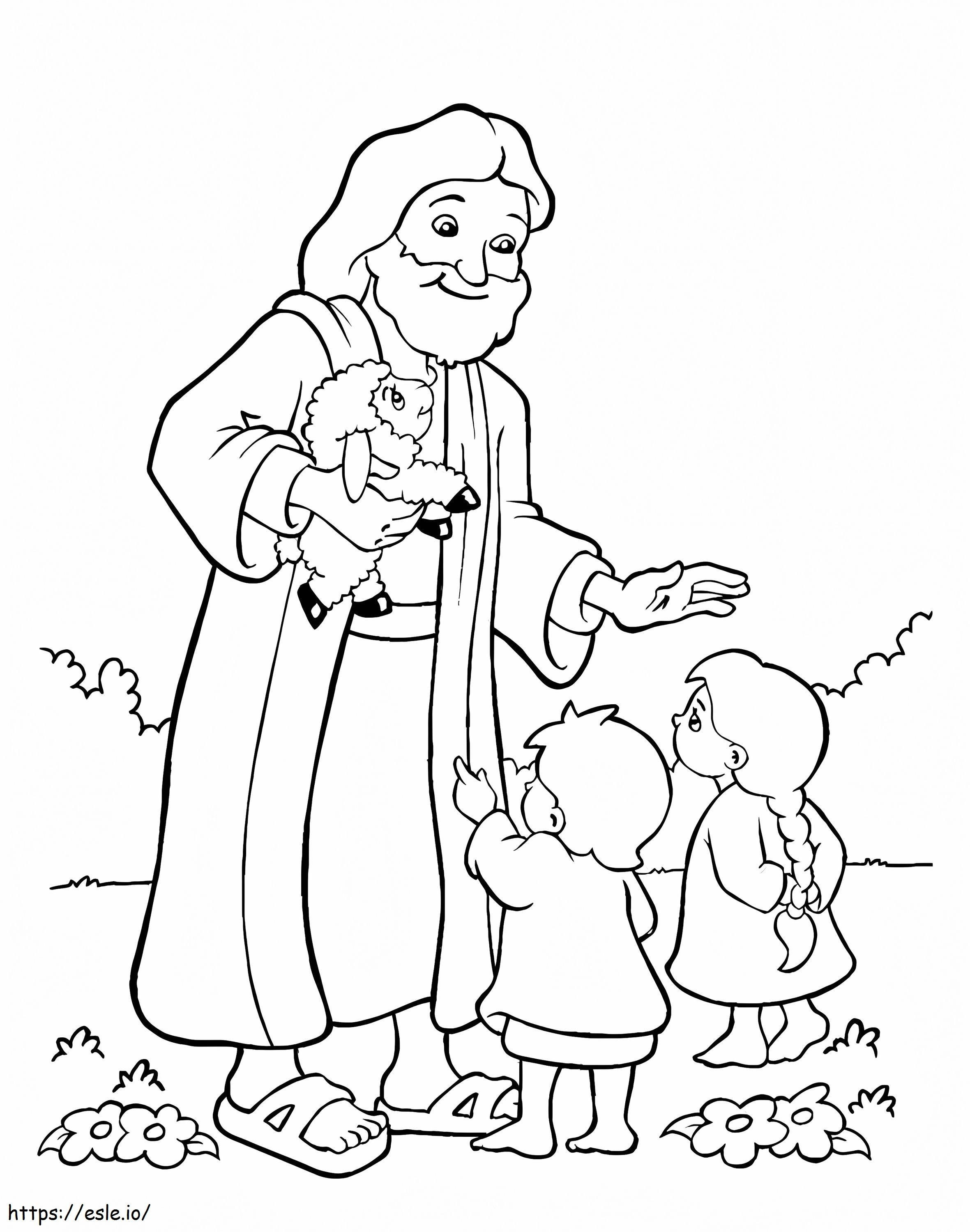 Jesus com ovelhas e dois filhos para colorir