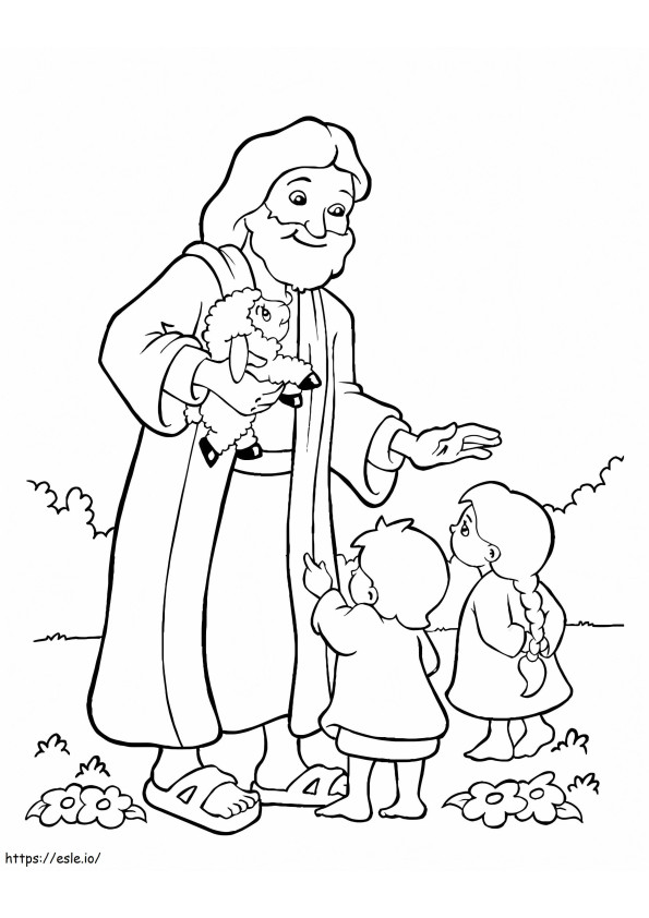 Jeesus lampaiden ja kahden Pojan kanssa värityskuva
