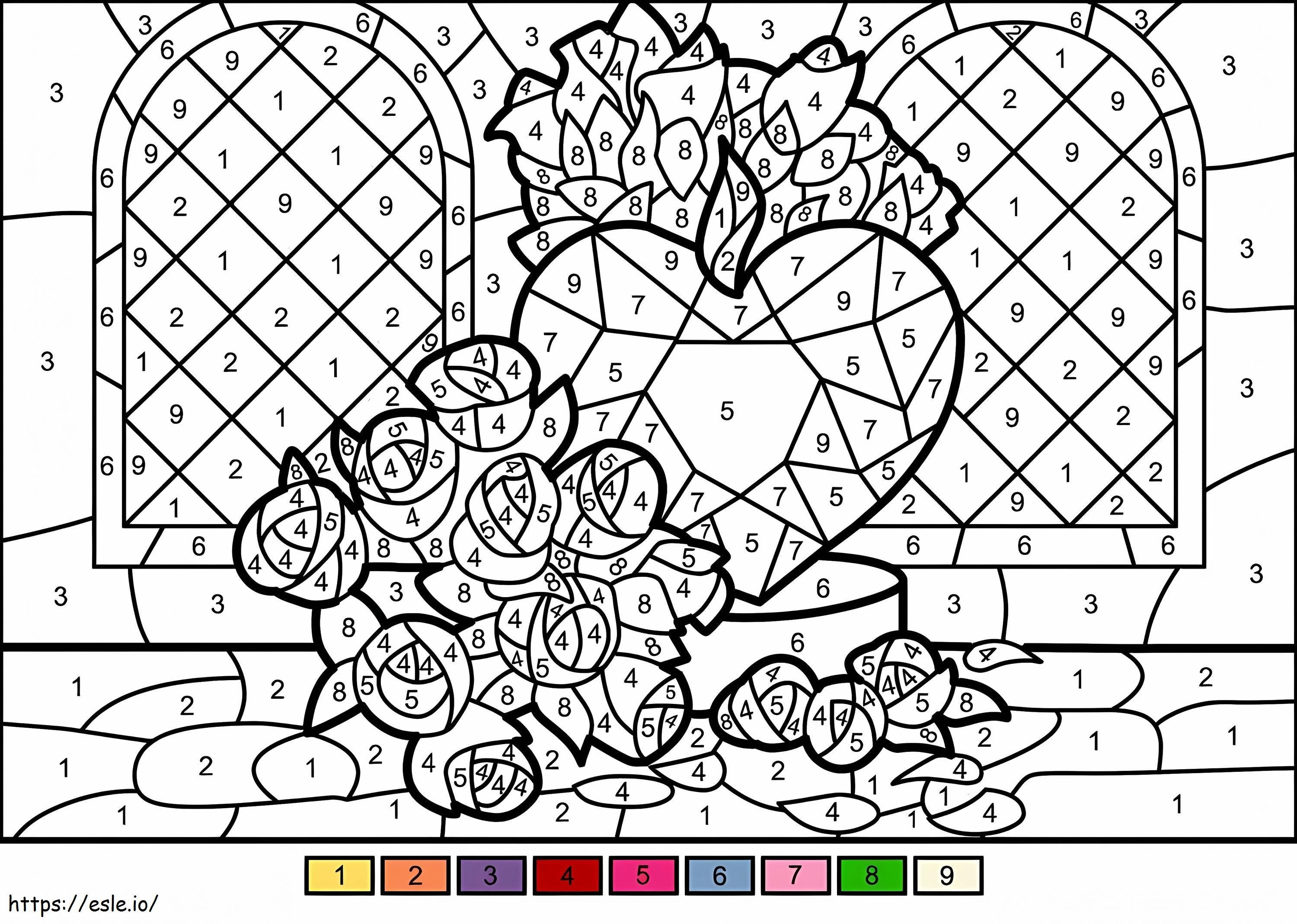 Colore cuore e fiori per numero da colorare