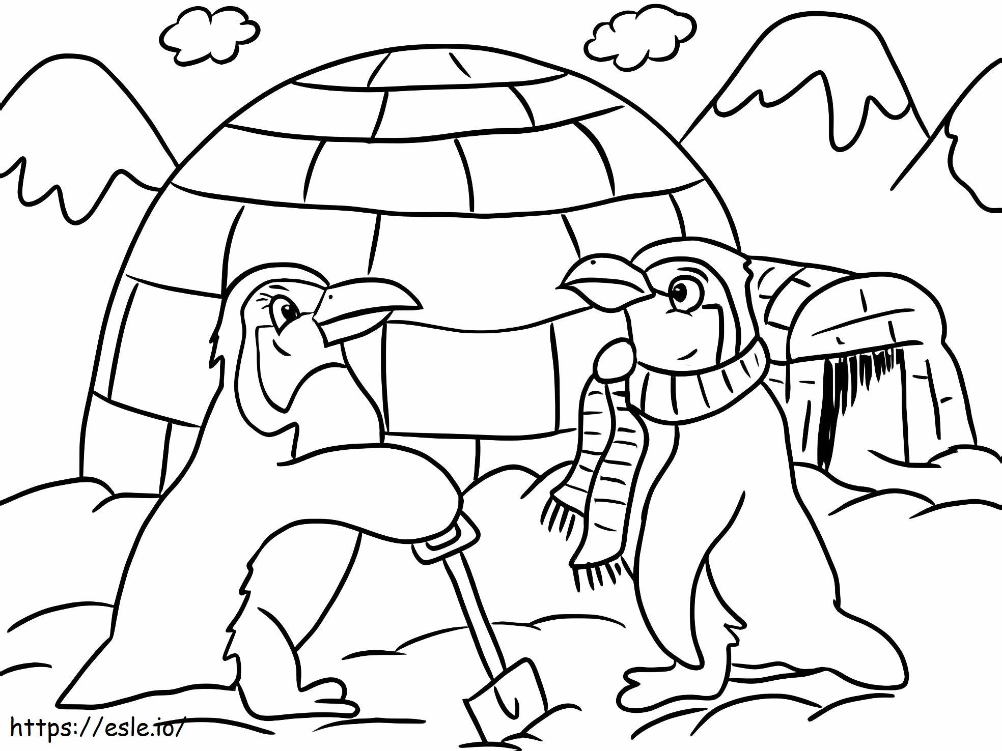 Pinguini și iglu de colorat