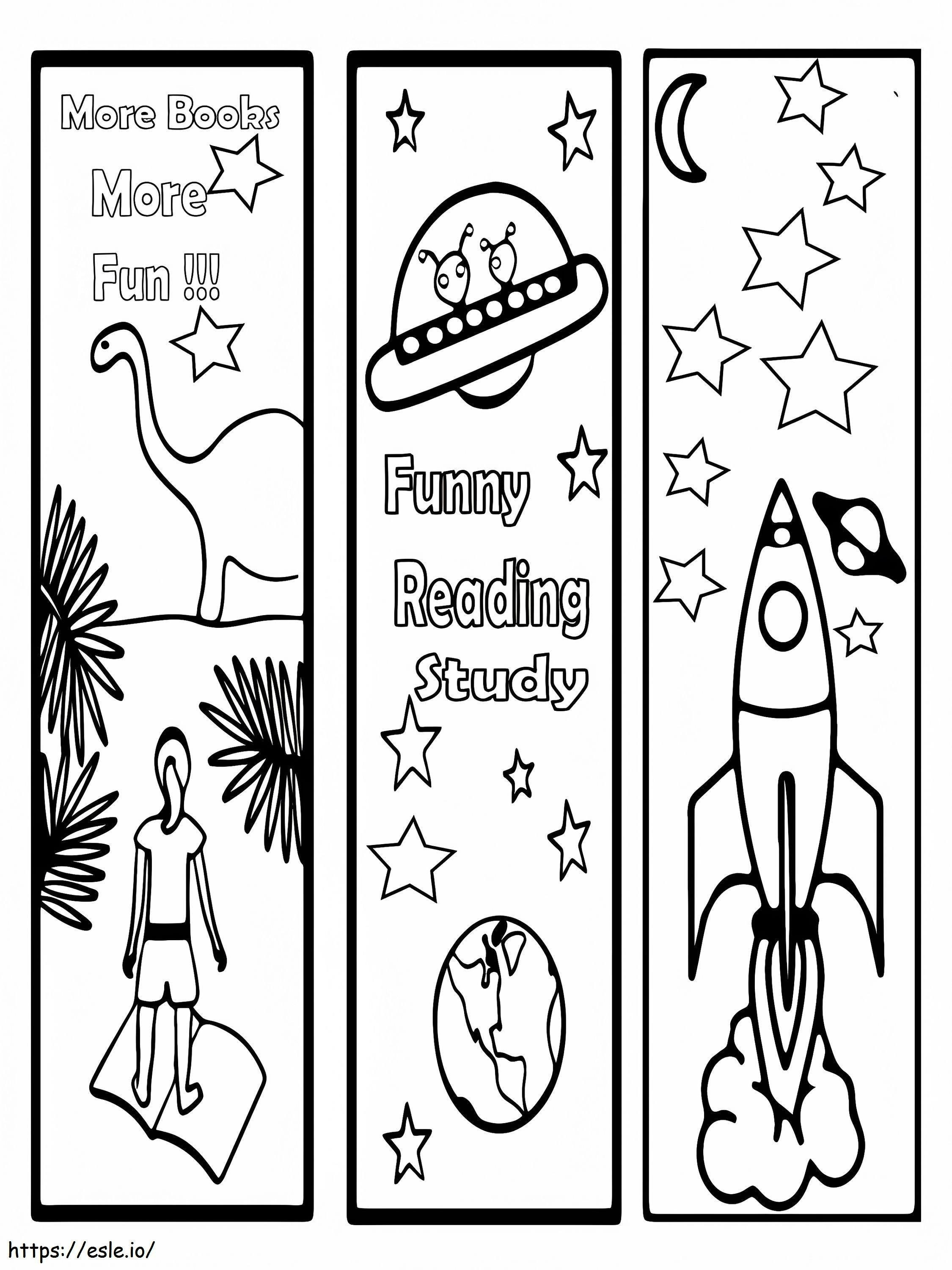 Dinosaur-avaruusalus ja rakettikirjanmerkki lapsille värityskuva