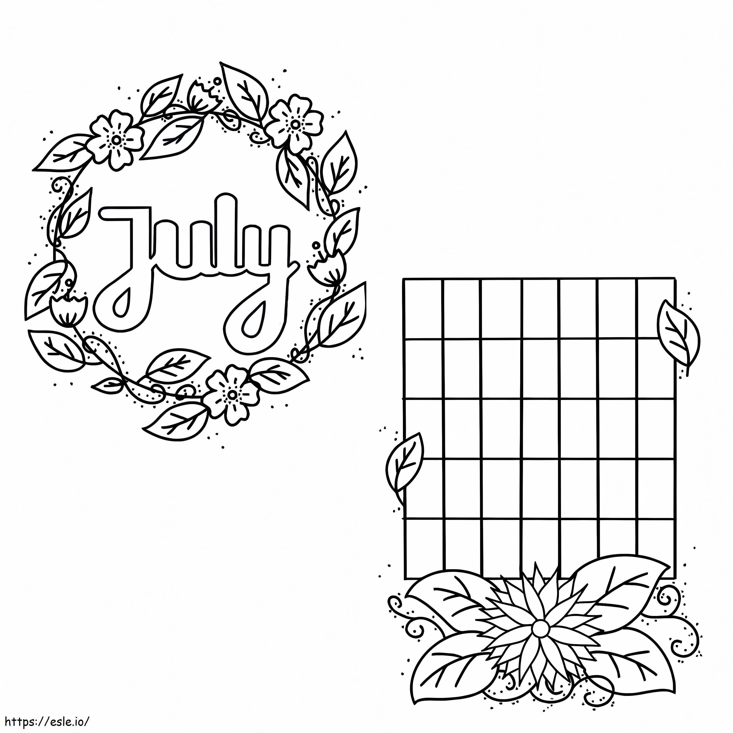 7月のカレンダーと花輪 ぬりえ - 塗り絵