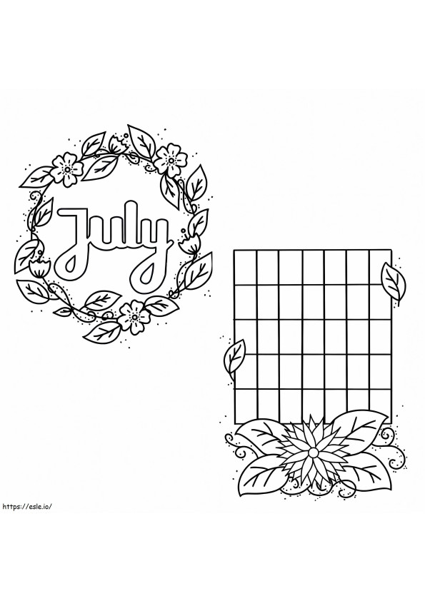 7月のカレンダーと花輪 ぬりえ - 塗り絵