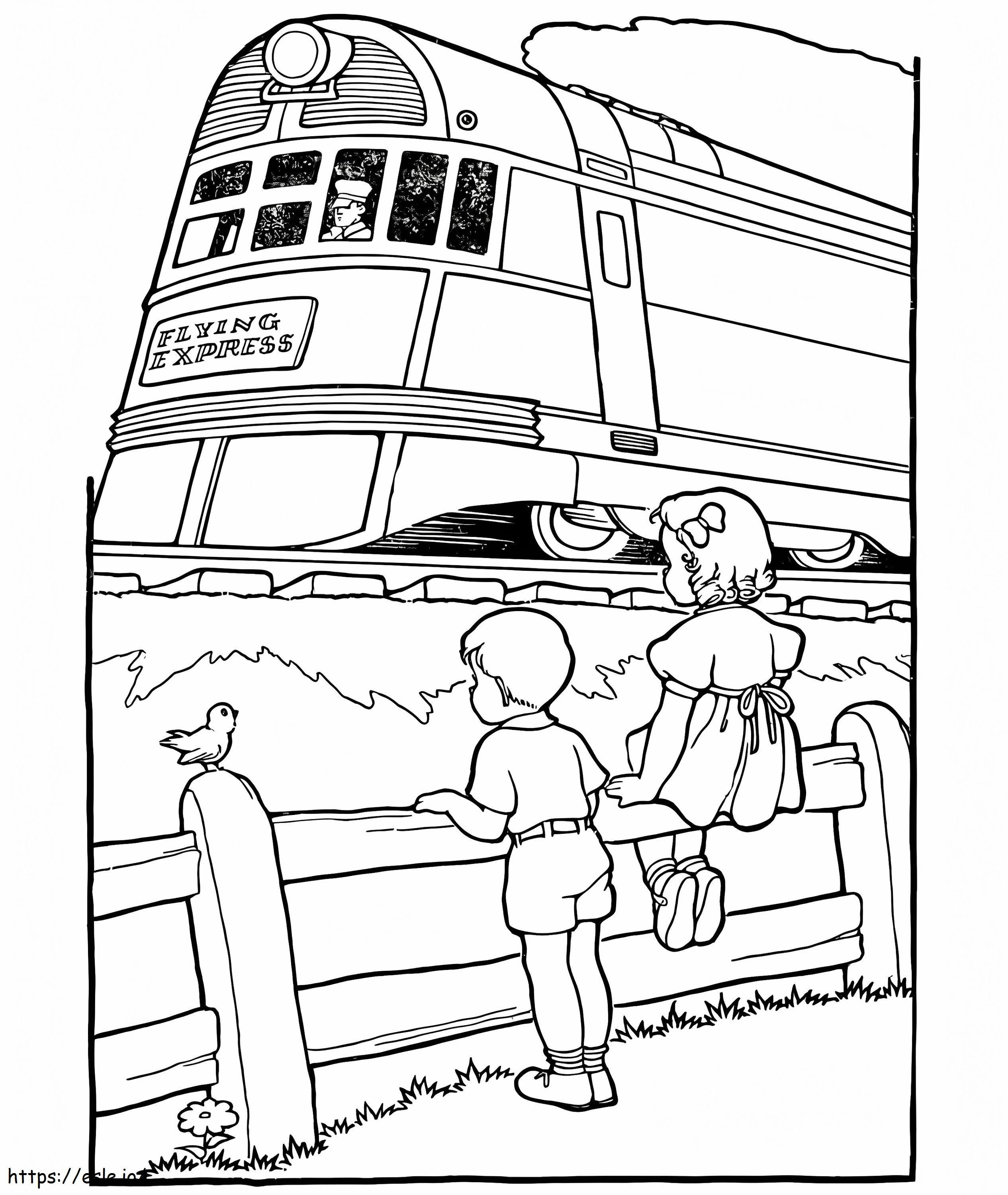 niños y tren para colorear