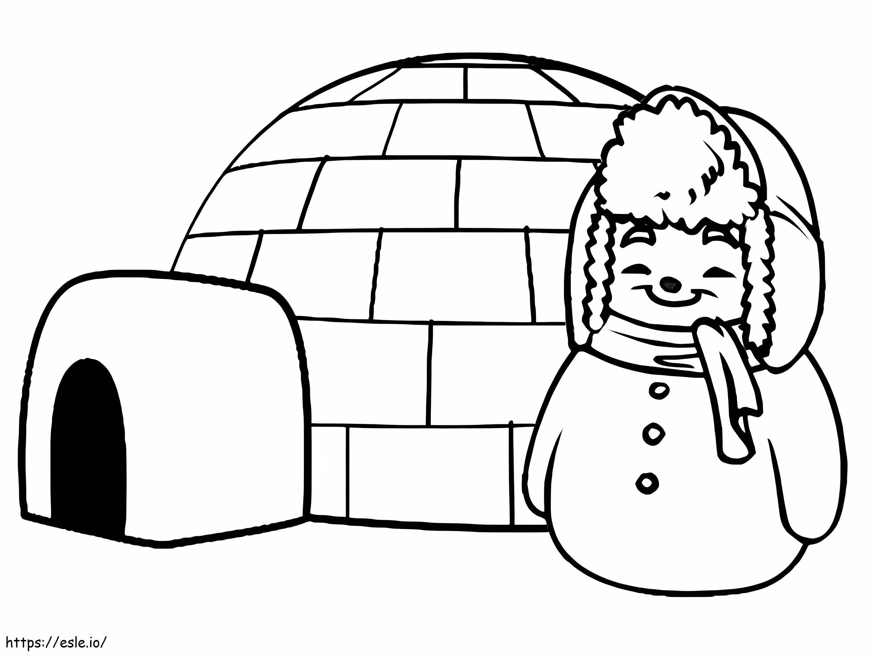 Coloriage Igloo et bonhomme de neige à imprimer dessin