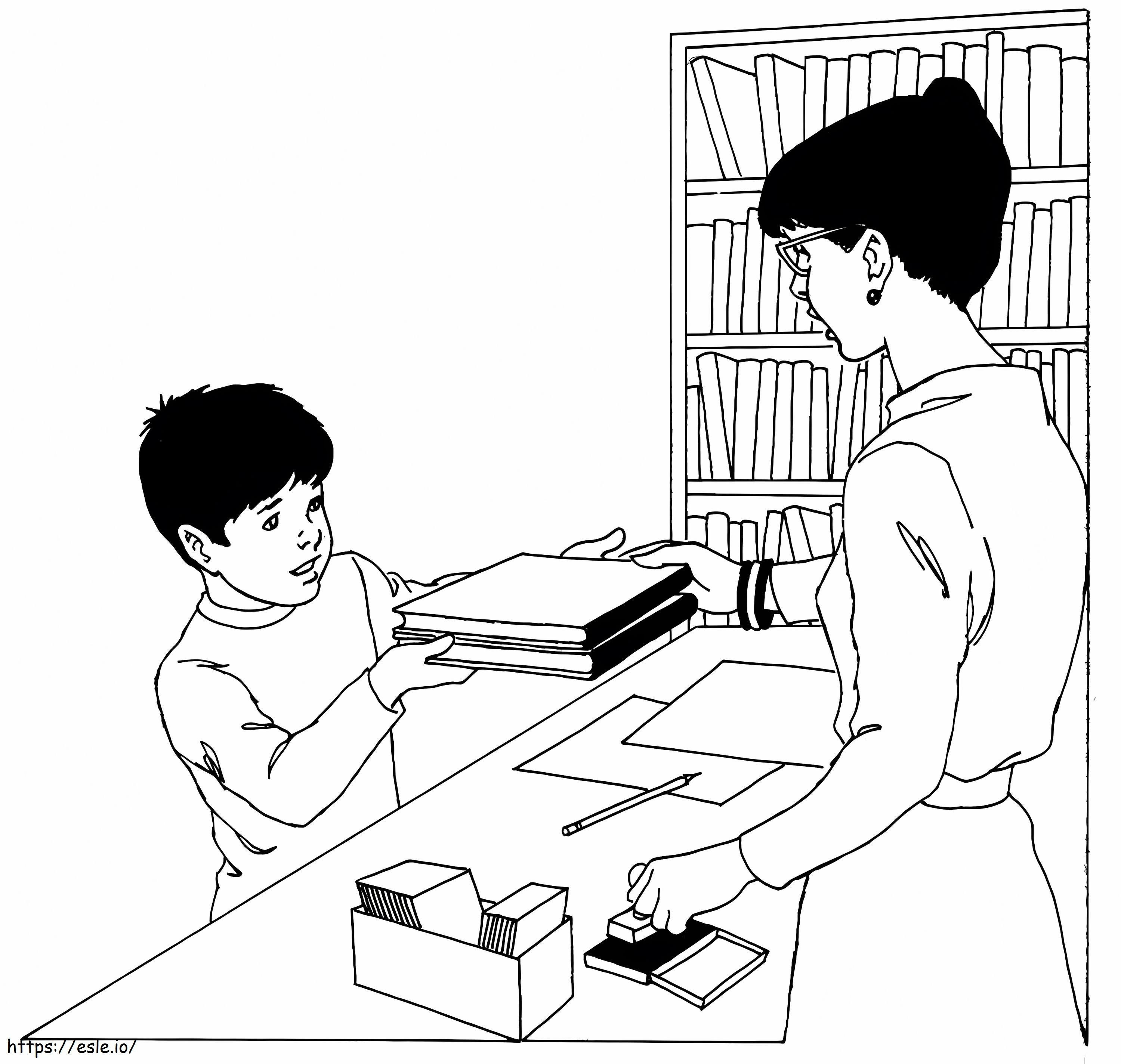 Poika ja kirjastonhoitaja värityskuva