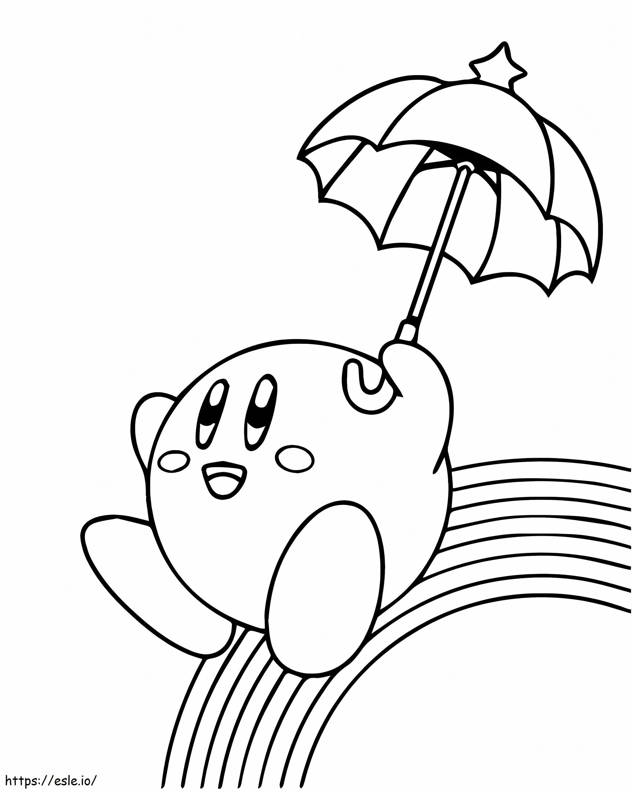 Kirby sosteniendo un paraguas arcoíris para colorear