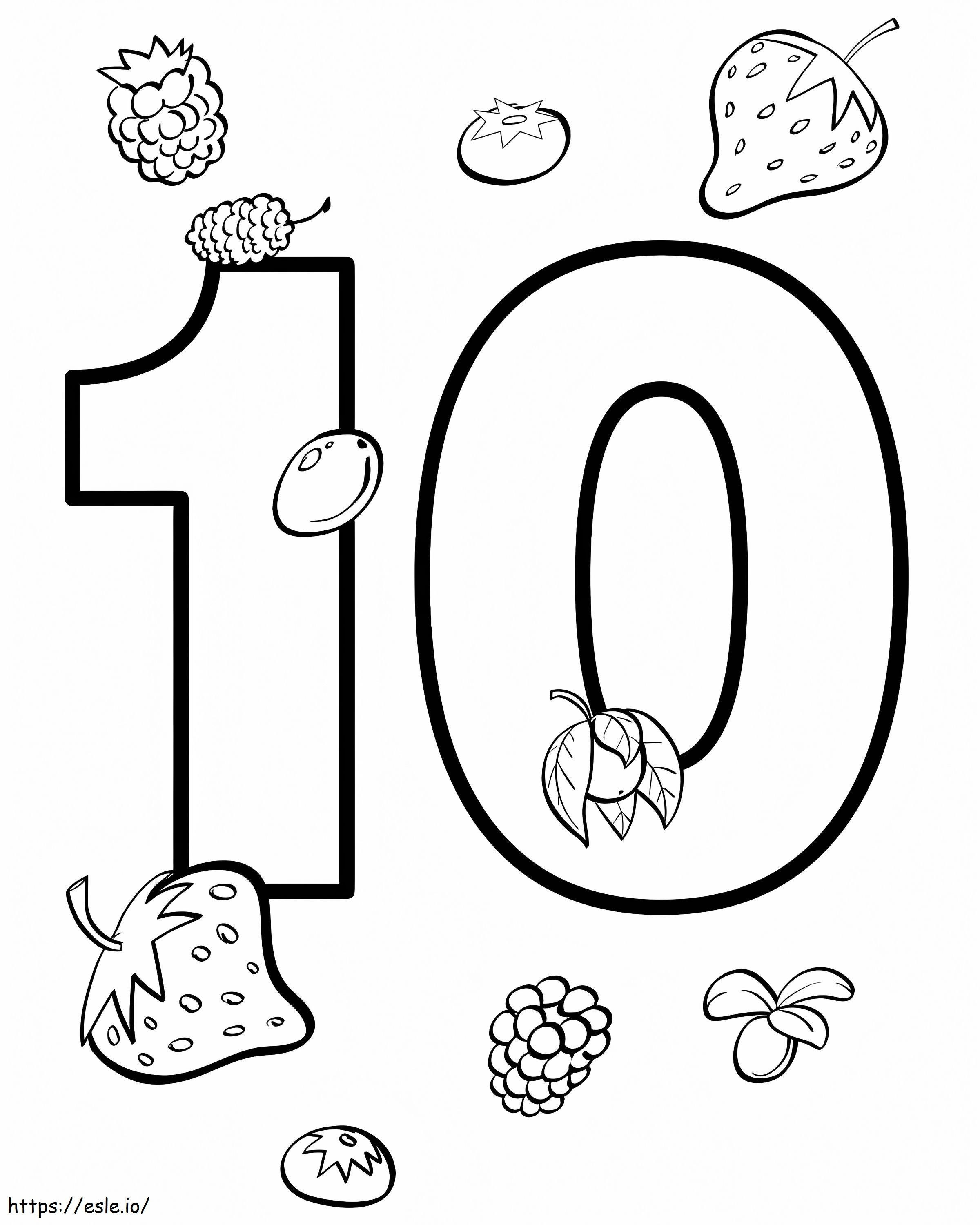 Numero 10 ja hedelmät värityskuva